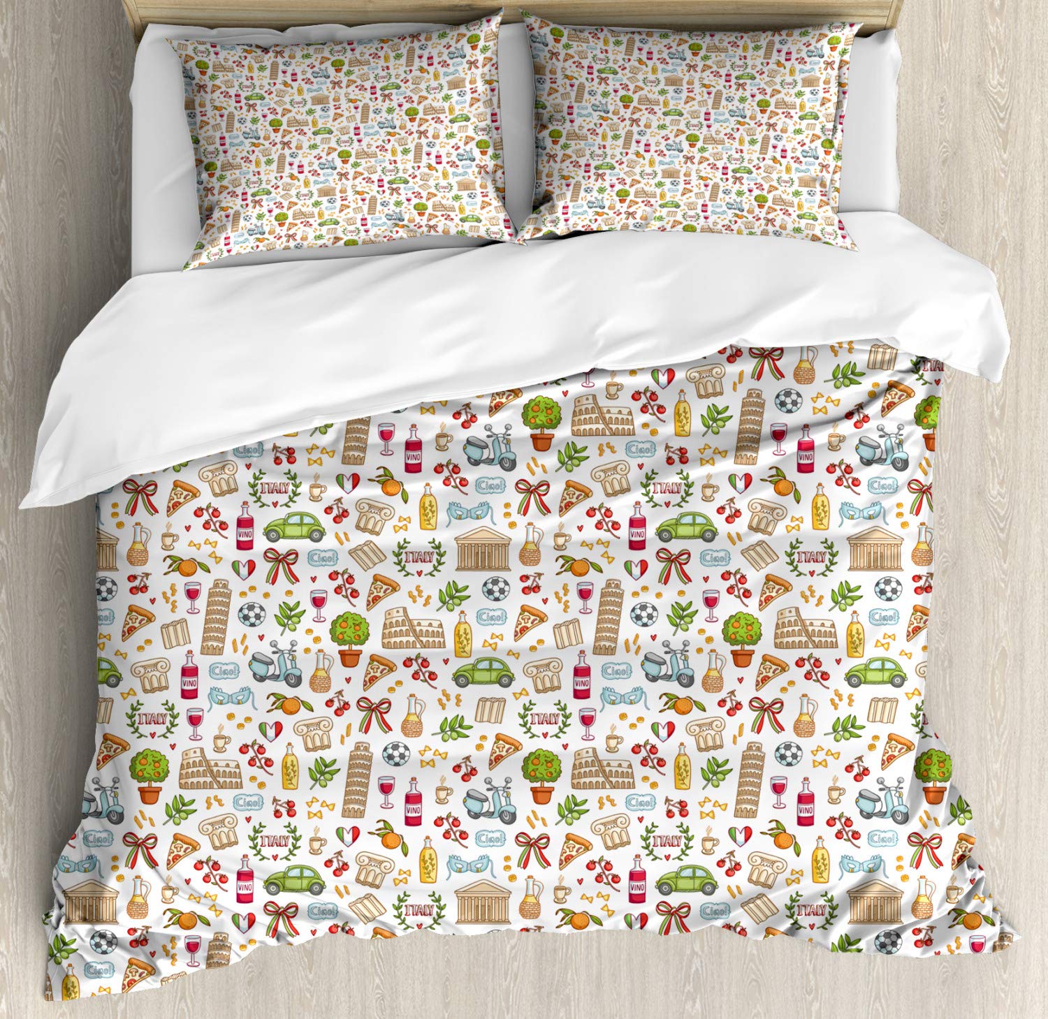 Lunarable Italian Landmarks Travel Duvet Cover Set - Leaning Tower of Pisa, Pizza & Pasta Print - 3 Piece Decorative Bedding Set with 2 Pillow Shams - California King Size Multicolor - Perfect for Travel Lovers & European Theme Bedroom Decor