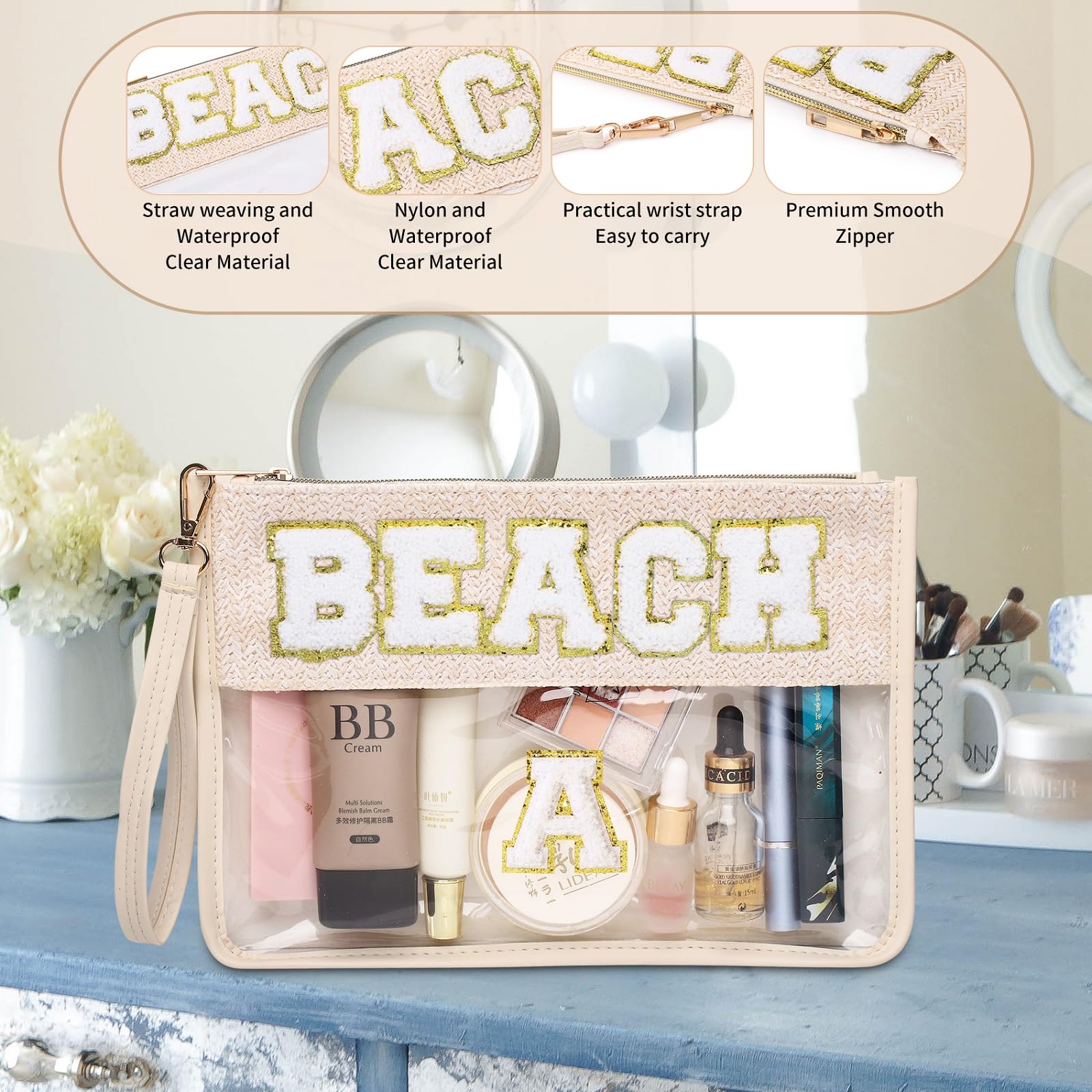 Chenille Letter Clear Zipper Pouch for Travel - Waterproof Snack Bag, Beach Essentials Organizer, Cosmetic & Toiletry Makeup Bag for Women - Perfect for Gym, Pool, Vacation & Daily Use