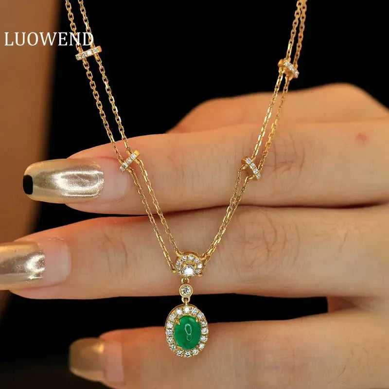 18K Yellow Gold Emerald and Diamond Pendant Necklace for Women - Real Natural Gemstone Luxury Jewelry for Parties, Weddings & Special Occasions