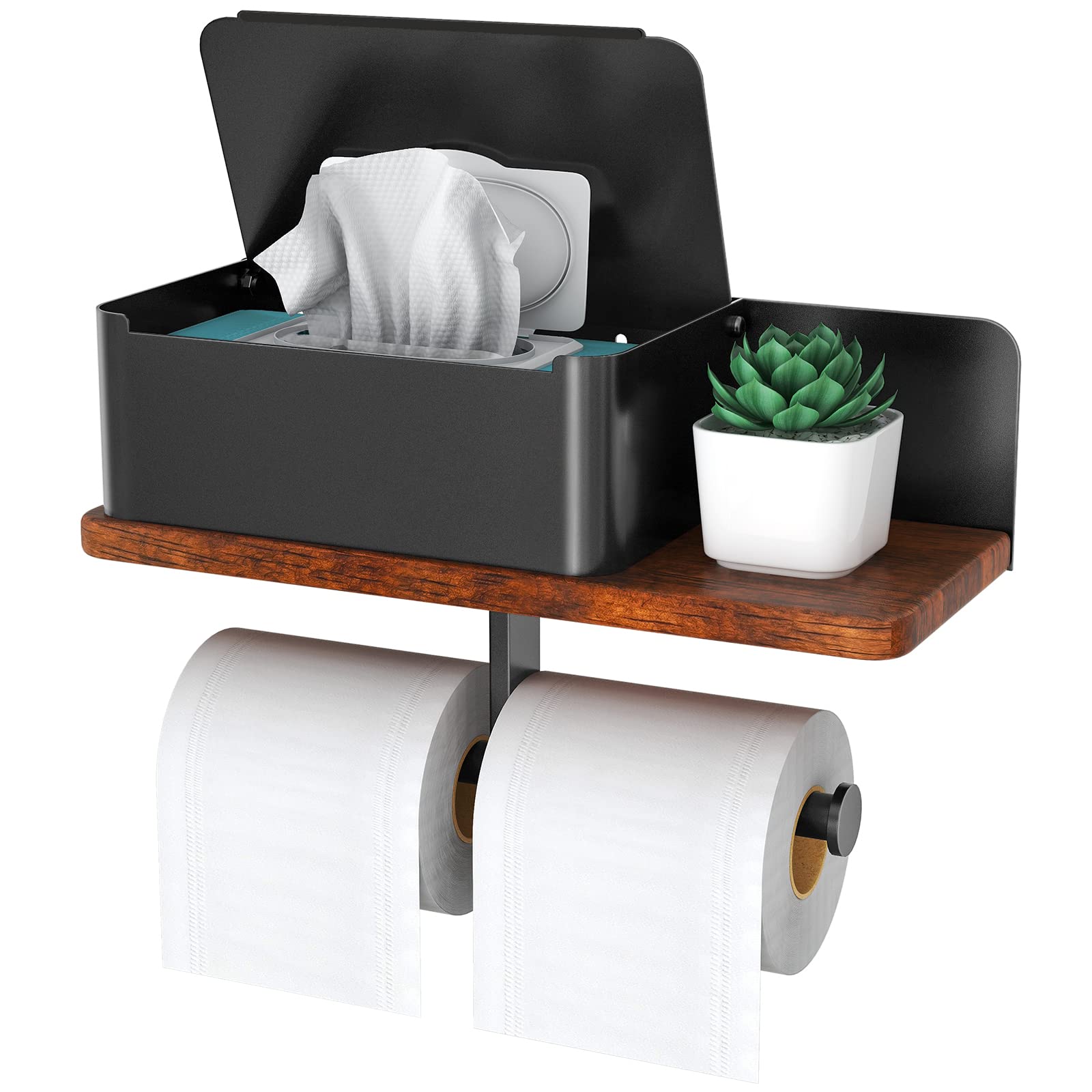 Double Roll Toilet Paper Holder with Shelf & Wipes Dispenser - Wall Mount Bathroom Storage Organizer in Black Metal & Solid Wood - Perfect for Aromatherapy, Phone Storage & Tissue Organization