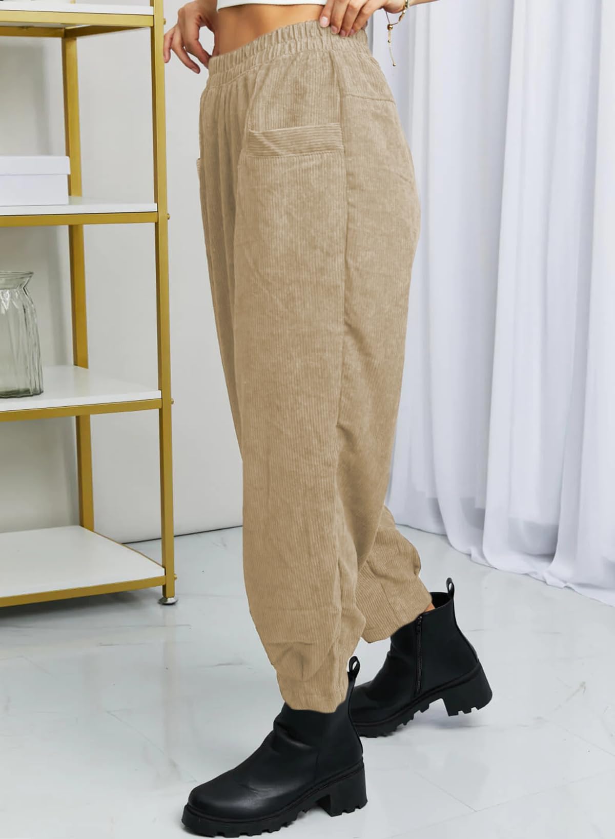 EVALESS Women's High Waist Corduroy Pants - Stretch Elastic Waistband, Tapered Leg, Pull-On Ankle Work Pants - Comfortable Fall Trousers for Office, Casual Wear & Autumn Outfits 2023