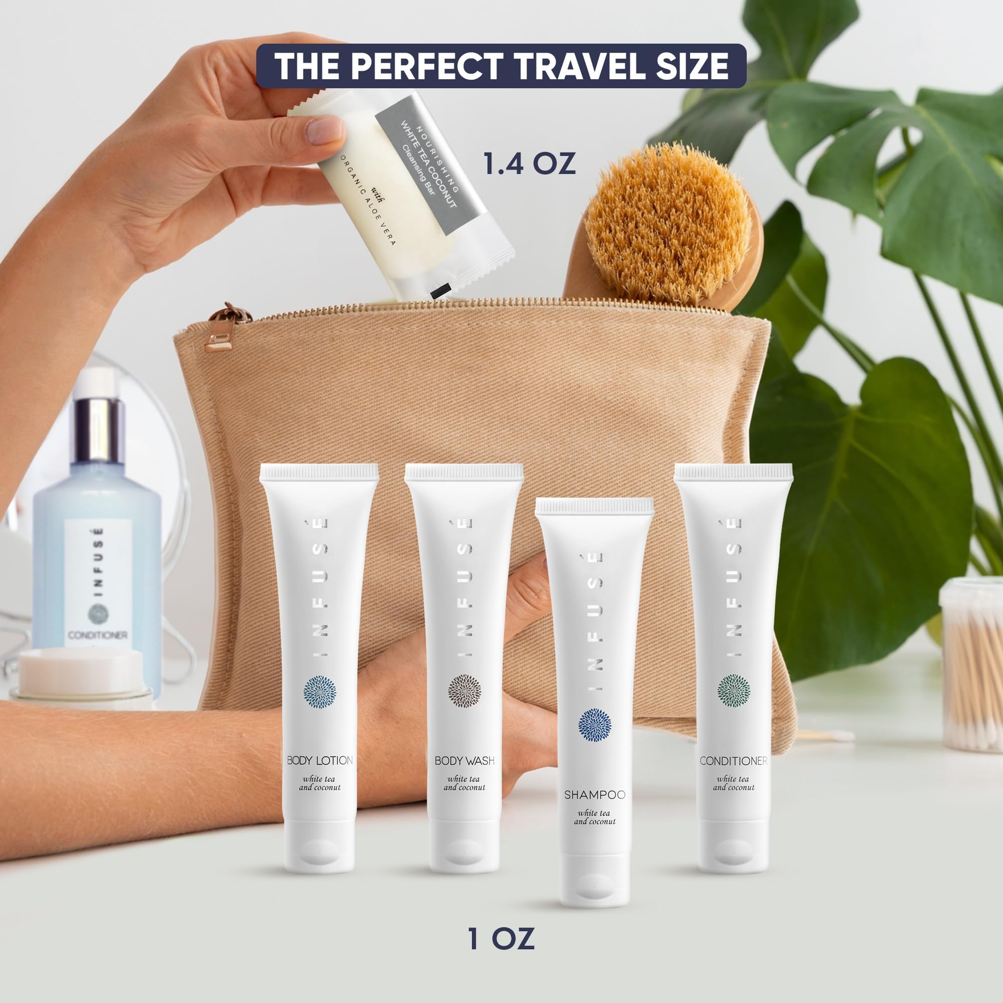 150-Piece Travel Size Toiletries Set - 30 Sets of 1oz Shampoo & Conditioner, Body Wash, Lotion & 1.25oz Bar Soap | White Tea Coconut Scent | Bulk Hotel Amenities for Travel, Hospitality & Guest Gifts
