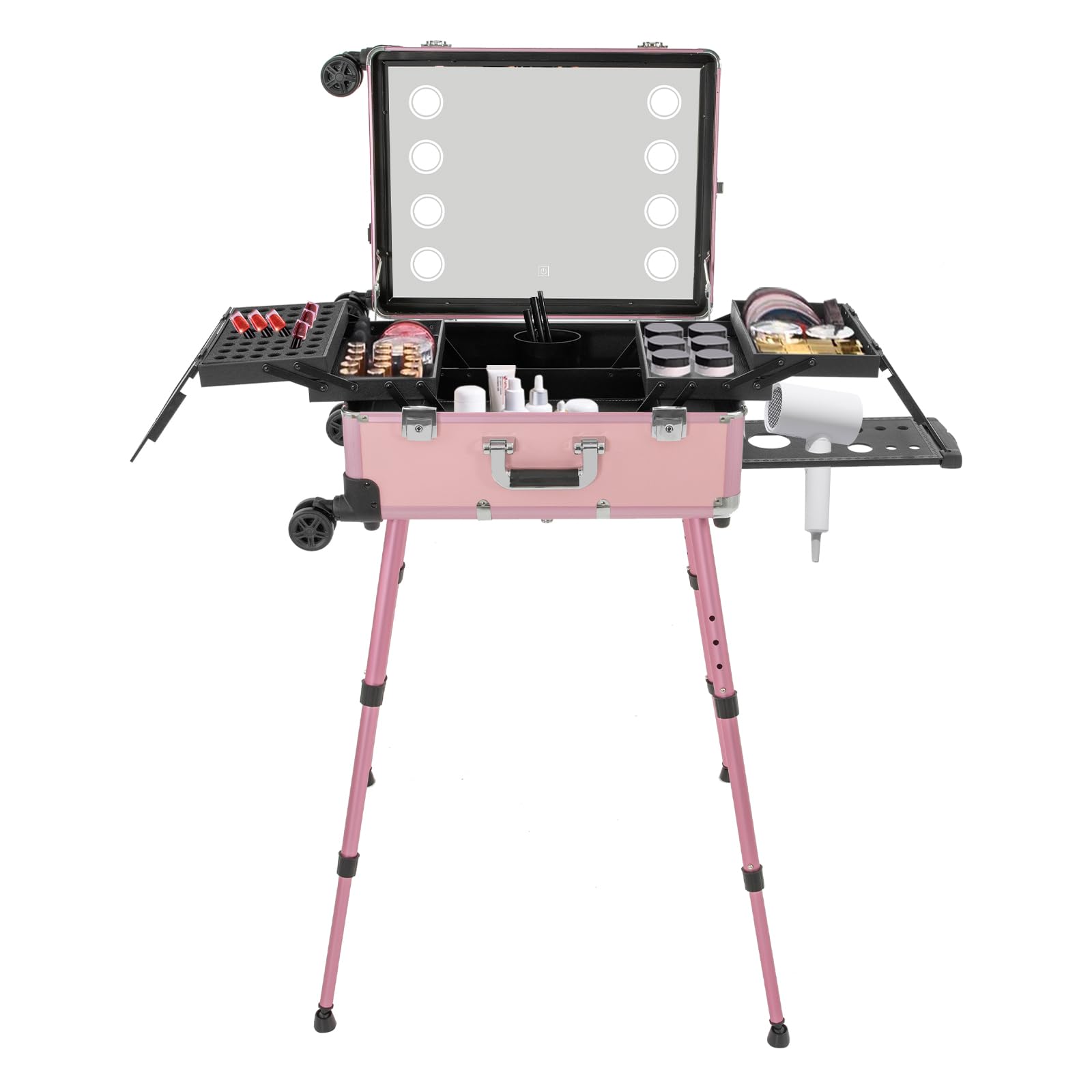 Pink Aluminum Rolling Makeup Train Case with LED Lights & Adjustable Legs - Lockable Portable Cosmetic Organizer for Travel, Professional Artists & Home Vanity - 4 Removable Wheels for Easy Mobility