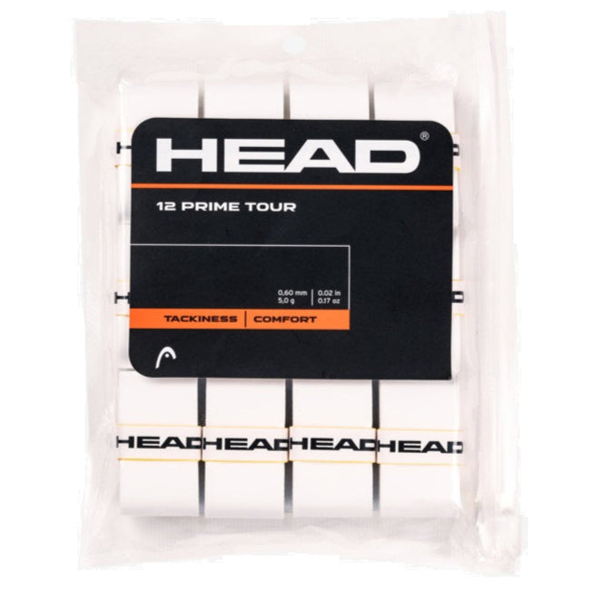 Premium Head Prime Tour Overgrip Tennis Racket Grip Tape - 12 Pack White | Sweat Absorbent, Non-Slip, Durable for Enhanced Performance | Perfect for Tennis, Badminton, Squash & Racquetball Players