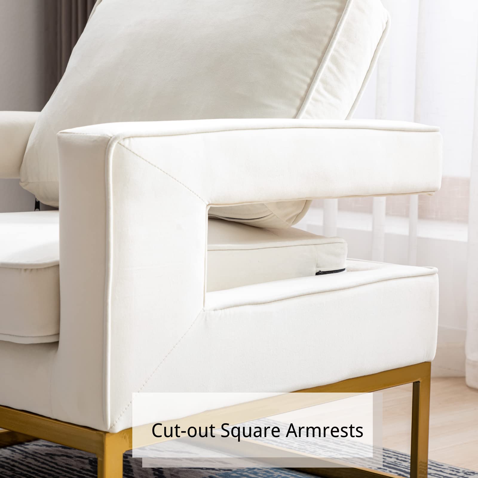 HEAH-YO Modern Velvet Accent Chair with Golden Metal Legs - Upholstered Armrest Living Room Chair, Small Comfy Side Chair for Bedroom in White - Perfect for Home Decor, Lounge Seating & Guest Room Furniture