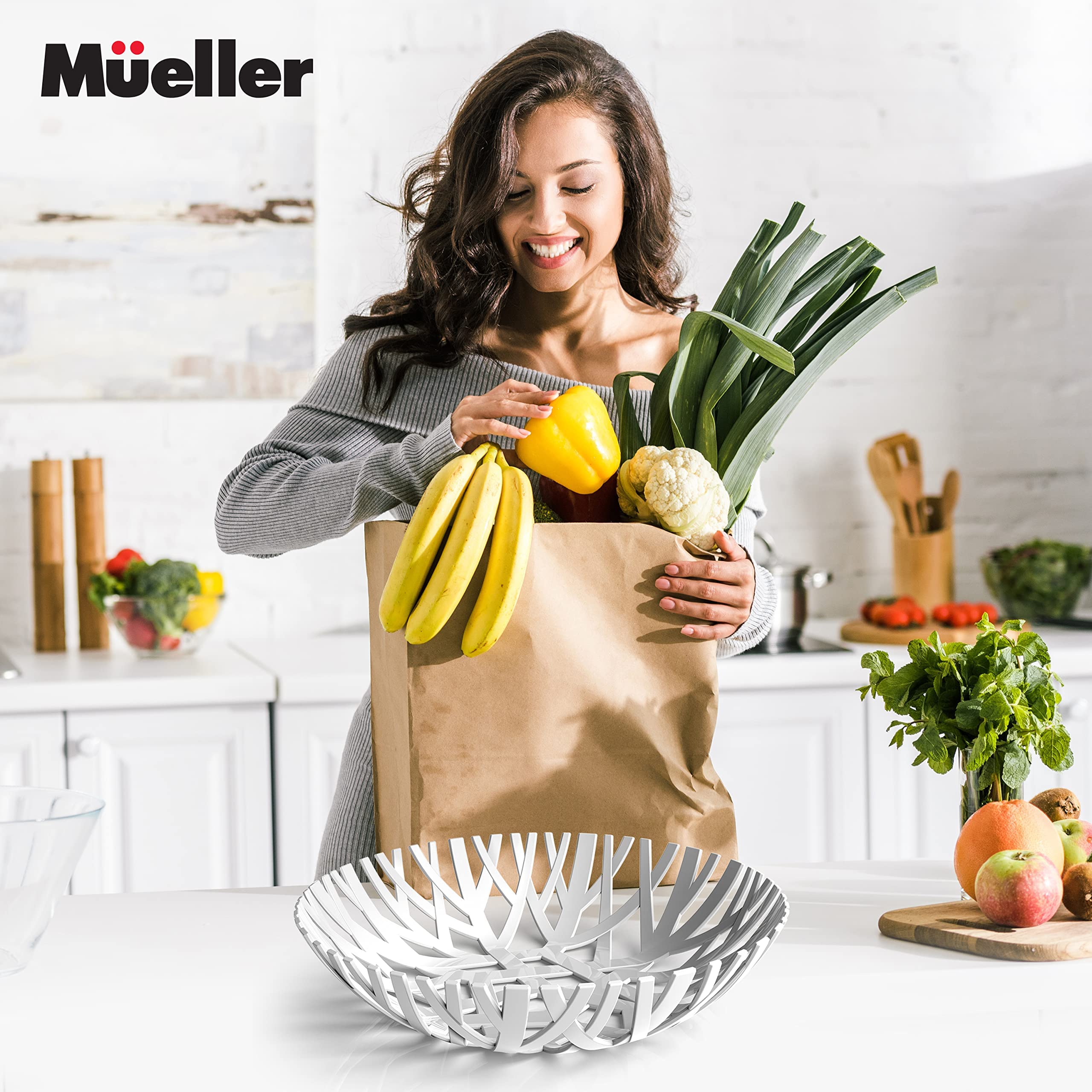 Premium White Mueller Fruit Basket - Modern European Made Decorative Bowl for Kitchen Counter, Dining Table & Home Decor - Elegant Centerpiece for Fruits, Vegetables & Display