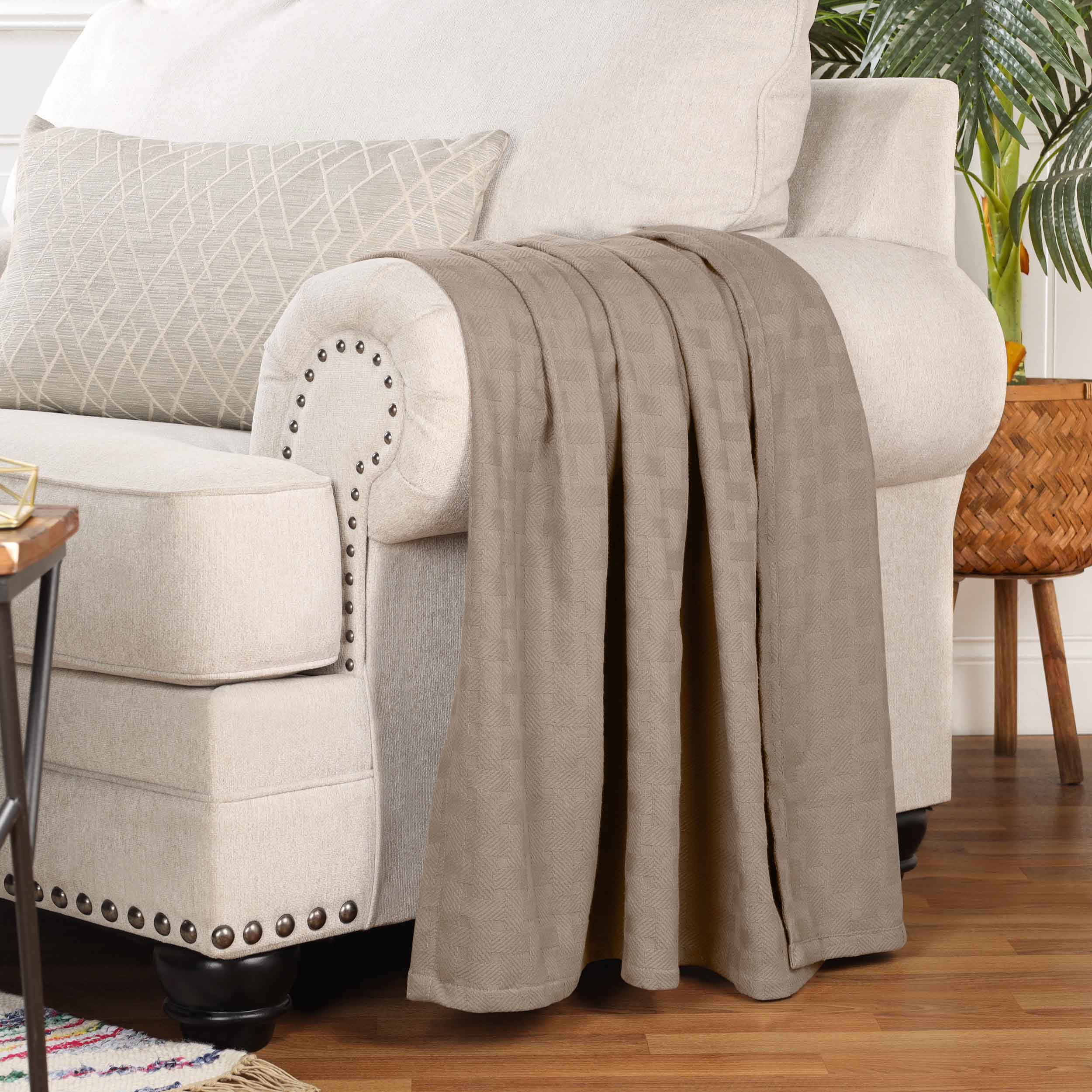 Soft Basketweave All-Season Cotton Bed Blanket & Sofa Throw - Lightweight Breathable Blanket for Bedroom, Living Room, Travel and Outdoor Use