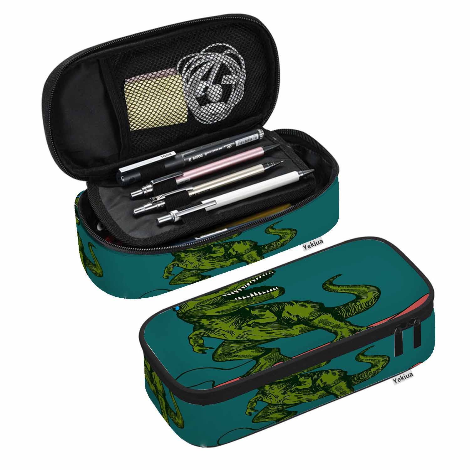 Dino Surfer Pencil Case - Happy Dinosaur with Sunglasses Design, Large Capacity Pouch for School, Office & Makeup | Perfect for Students, Artists & Travel Organization