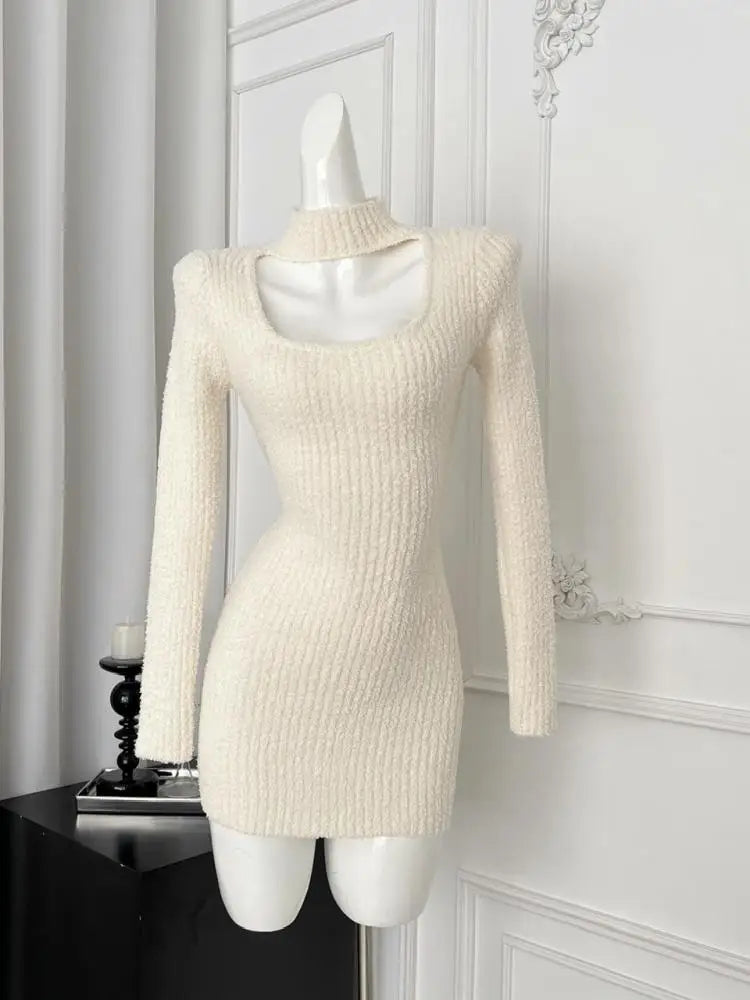 Women's Black Hollowed Out Knit Mini Dress - Autumn Korean Style High Collar Slim Wrap Dress for Party, Date Night & Office Wear