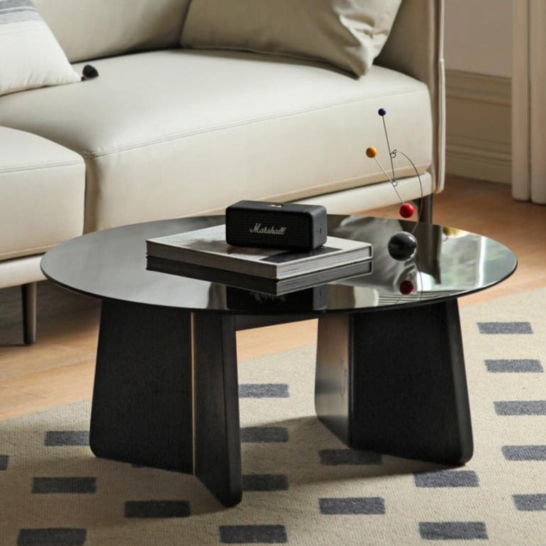 Solid Oak Wood Smoky Coffee Table with Glass Top - Modern Living Room Furniture for Home Decor