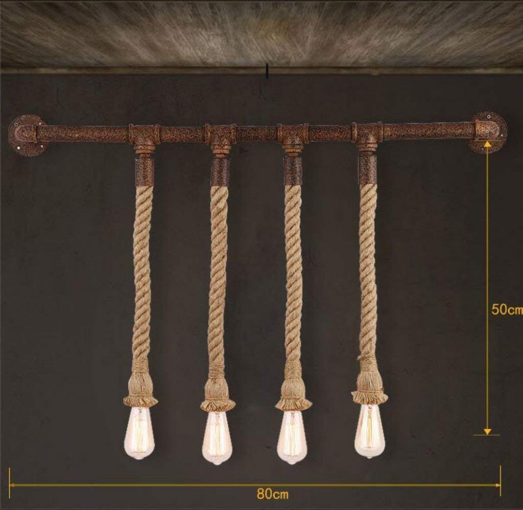 Noulerd Self-Installation Rope Hemp Retro Wall Lamp - Waterproof Iron Pipe Wall Light for Store, Bar & Aisle Decoration (4 E27 Bulbs, 80-50cm) - Perfect for Vintage Cafe, Industrial Loft & Retail Shop Lighting