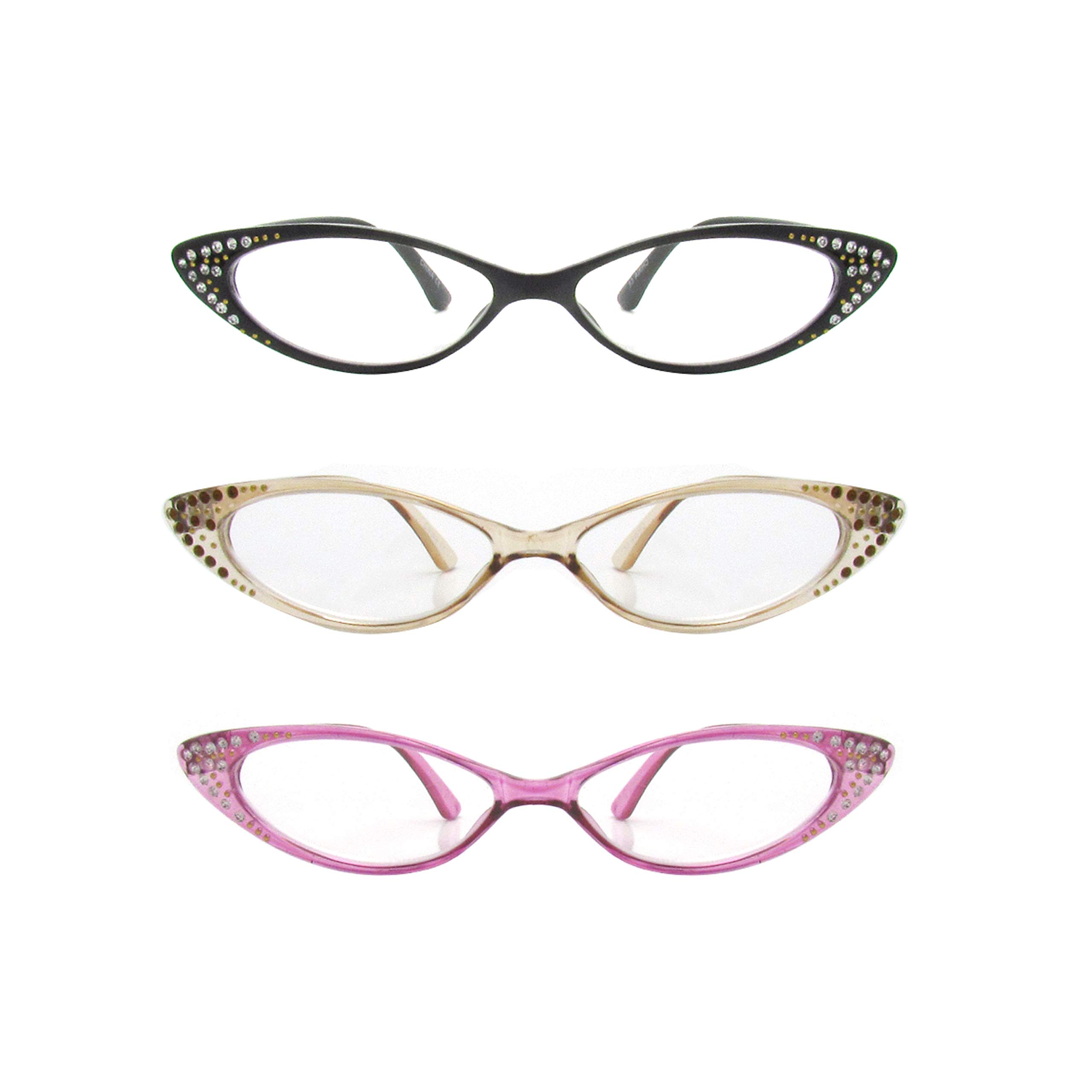 Sparkling Rhinestone Cat Eye Reading Glasses - Set of 3 Fashionable Readers for Women (Black, Pink, Gold) | Perfect for Reading, Office Work & Vintage Style Outfits