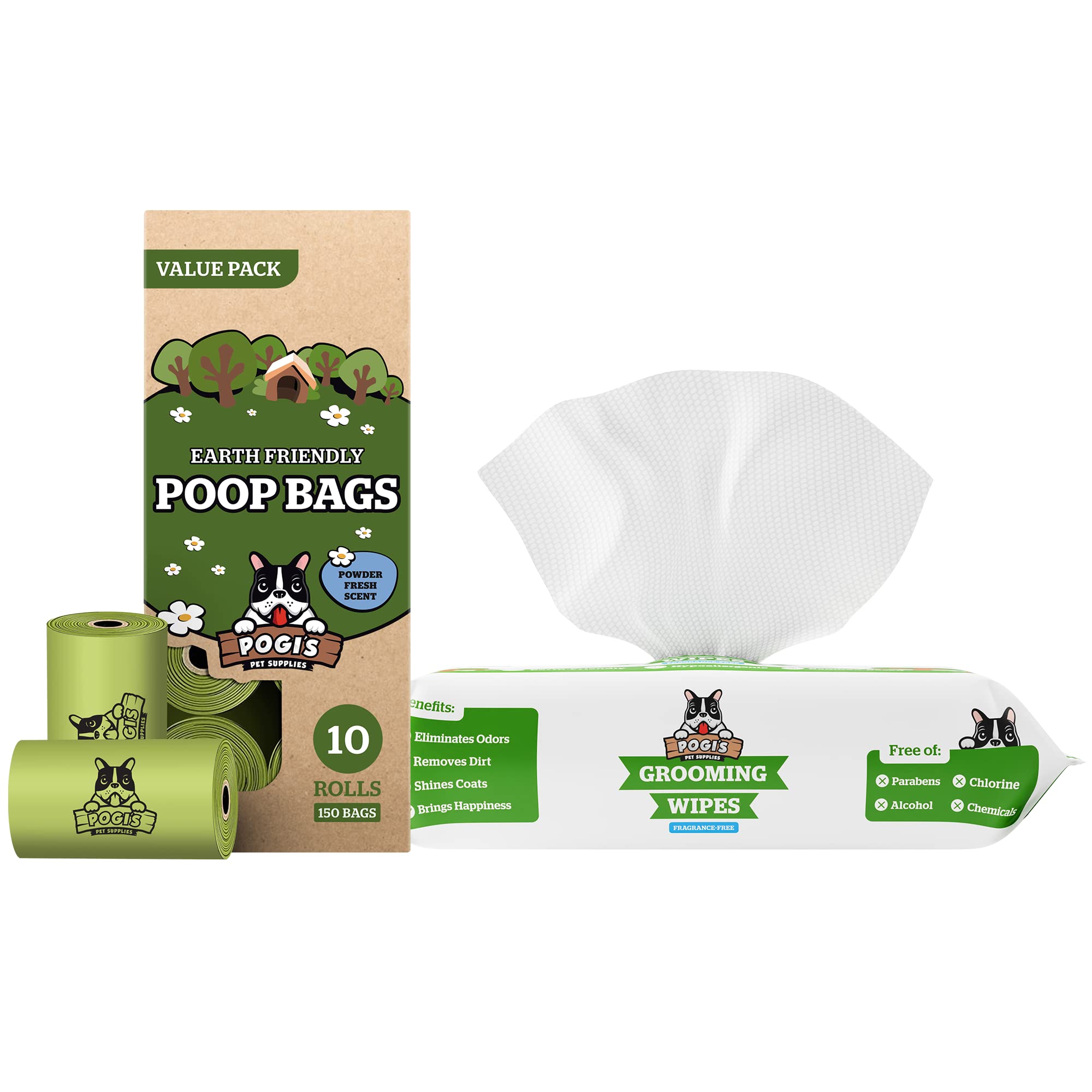 Pogi's Poop n' Wipe Combo Pack - 150 Biodegradable Dog Waste Bags & 100 Scented Pet Cleaning Wipes for Dogs | Portable Puppy Potty Essentials for Walking, Travel & Outdoor Adventures