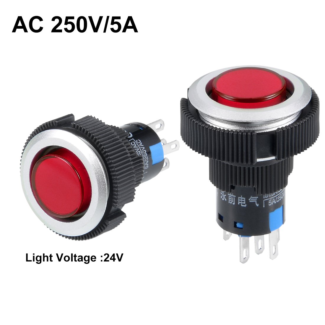 uxcell 5 Pcs 22mm Momentary Push Button Switch with Red LED Light - 1 NO 1 NC Contact, 24V, Round Button with Fixed Ring - Perfect for Industrial Control Panels, Machinery, and DIY Electronics Projects