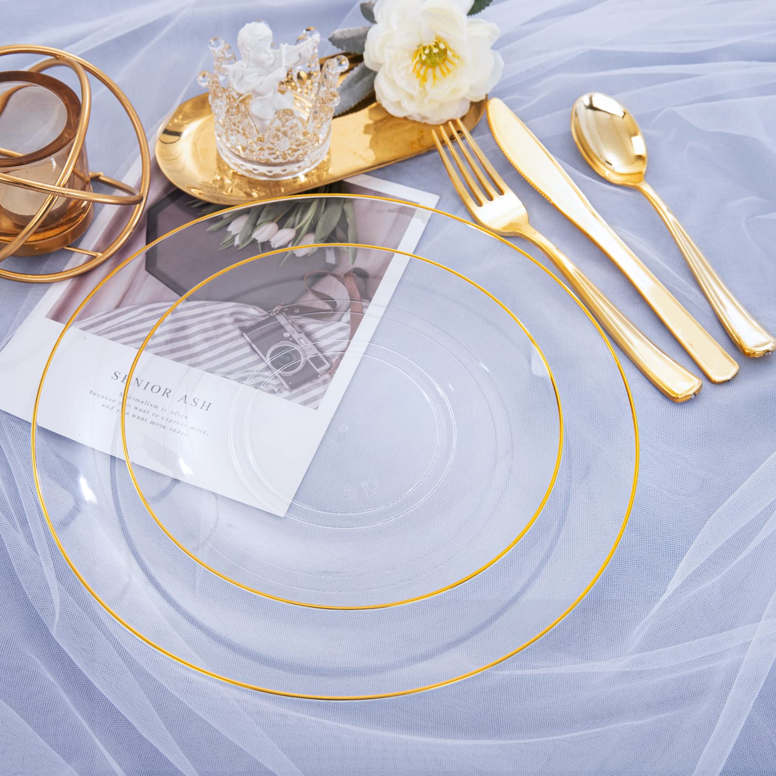 125-Piece Clear Gold Plastic Dinnerware Set - 25 Gold Rimmed Plates, 25 Dessert Plates, 25 Forks, 25 Knives, 25 Spoons - Elegant Disposable Tableware for Weddings, Parties, Christmas & Holiday Celebrations