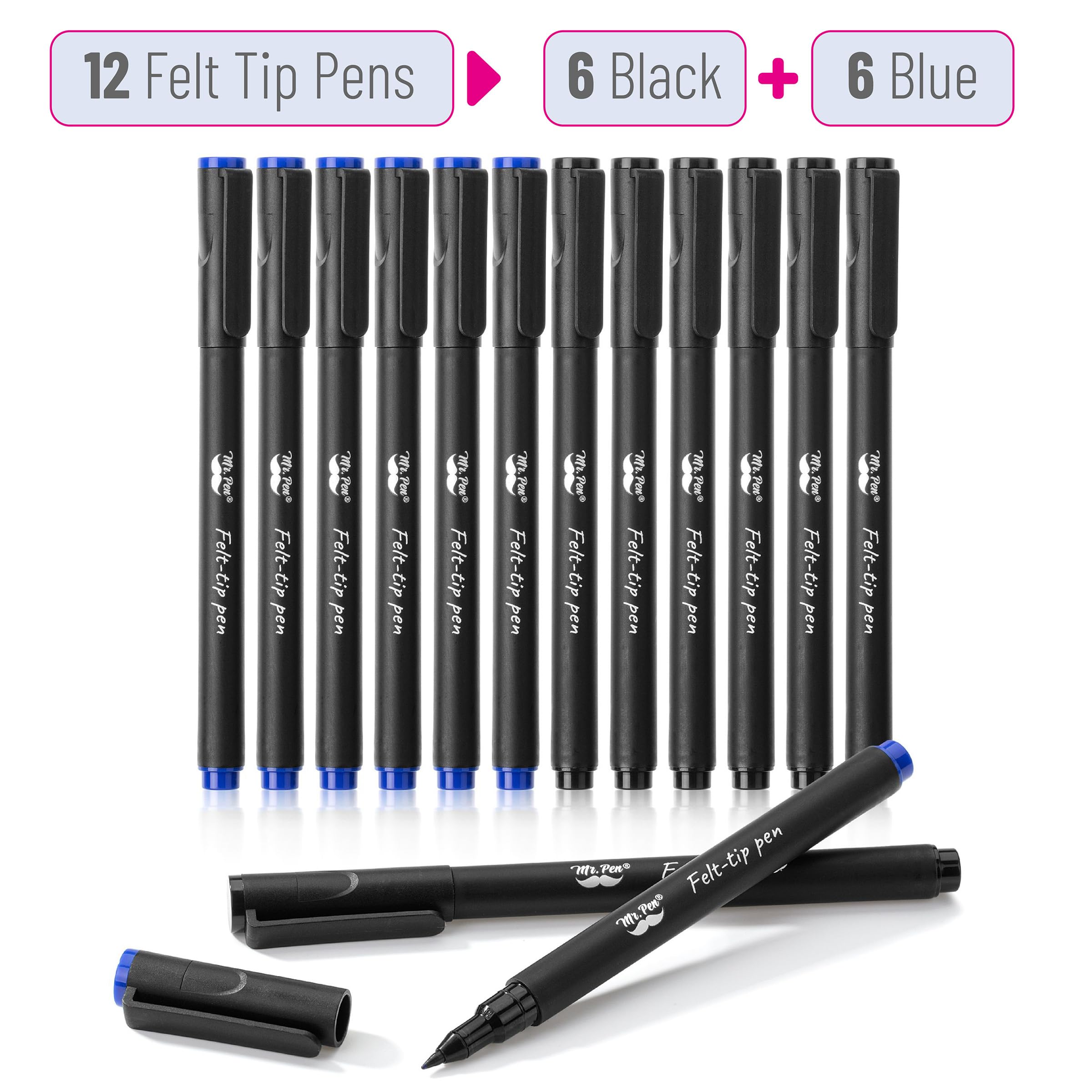 Mr. Pen- 12 Pack Black & Blue Felt Tip Pens, Fine Point Fast Dry Ink - Perfect for Bible Journaling, Planner Markers, Note Taking & Creative Writing - Smooth Writing Pens for Artists, Students & Office Use