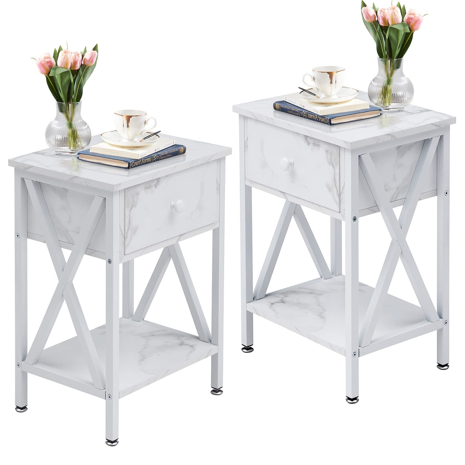 Modern Night Stand with Storage Drawer - X-Design End Table for Bedroom, Living Room & Office - Set of 2 White Nightstands for Small Spaces & Apartment Decor