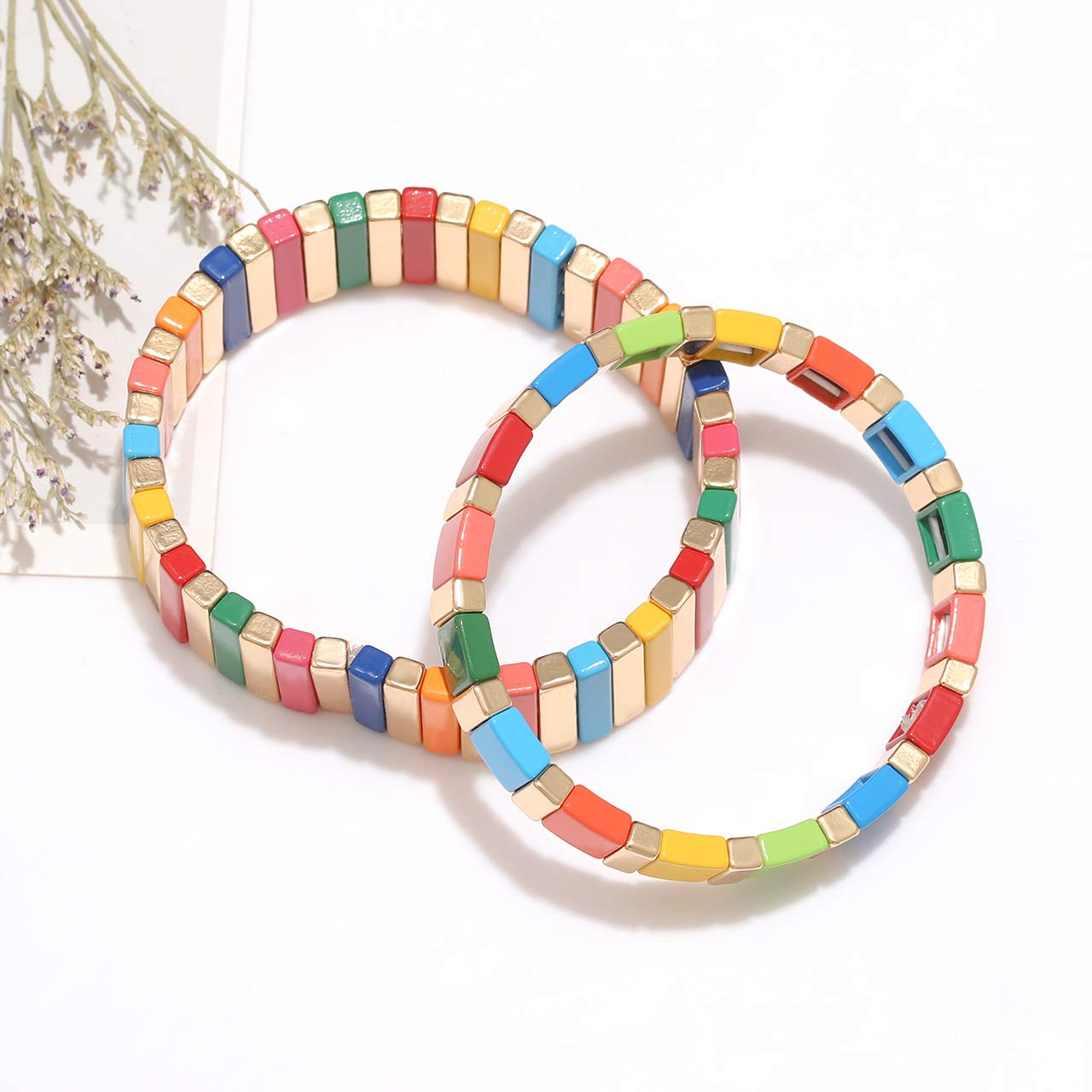 Rainbow Enamel Tile Bead Stretch Bracelets Set - Colorful Elastic Stackable Boho Bracelets for Women & Men | Handmade Layering Bracelets for Casual Wear, Festivals & Gifts