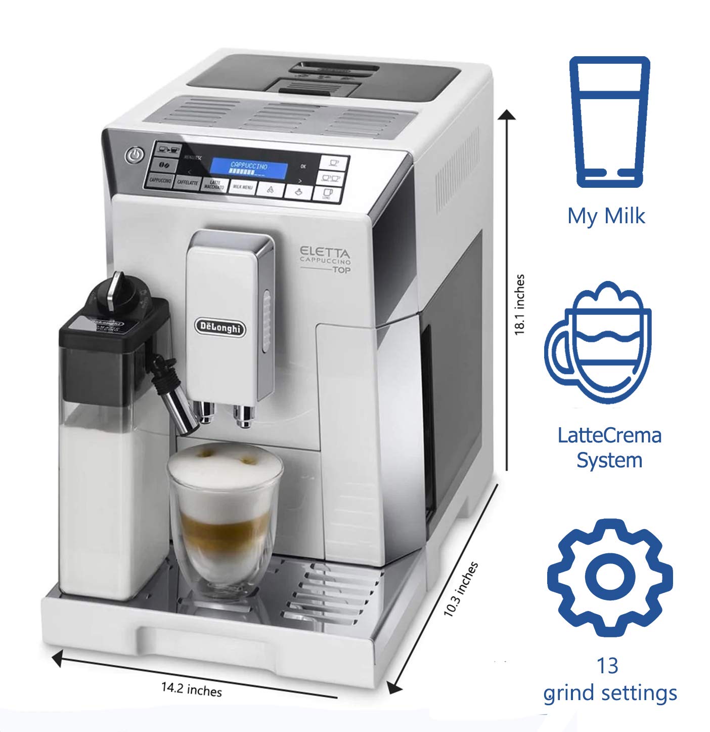De'Longhi Eletta ECAM 45760 Super Automatic Espresso Machine with Adjustable Silent Ceramic Grinder, Double Boiler & Milk Frother - Perfect for Brewing Espresso, Cappuccino, Latte & Macchiato at Home or Office