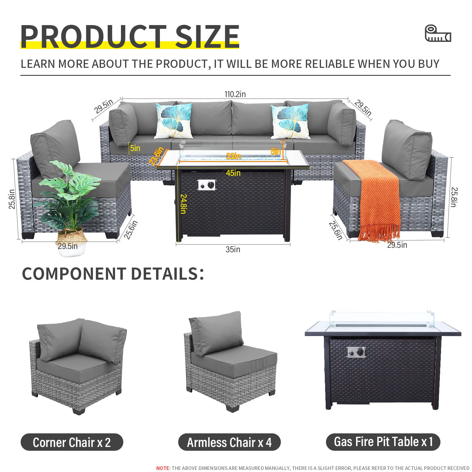 7-Piece Wicker Patio Furniture Set - PE Rattan Outdoor Sectional Sofa with Fire Pit Table, Non-Slip Cushions & Cover (Light Grey) - Perfect for Backyard, Garden, Poolside & Outdoor Entertaining
