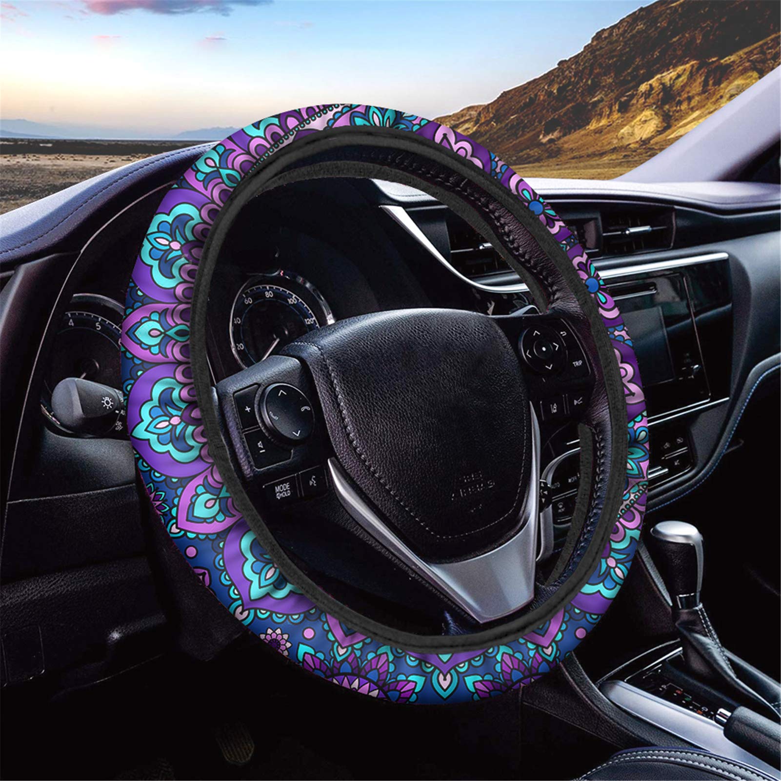 CLOHOMIN Mandala Purple Lotus Flower Steering Wheel Cover - Universal 15 Inch Fit for Cars, SUVs, Sedans & Trucks | Bohemian Neoprene Wheel Wrap for Women & Girls | Perfect for Road Trips & Daily Commutes