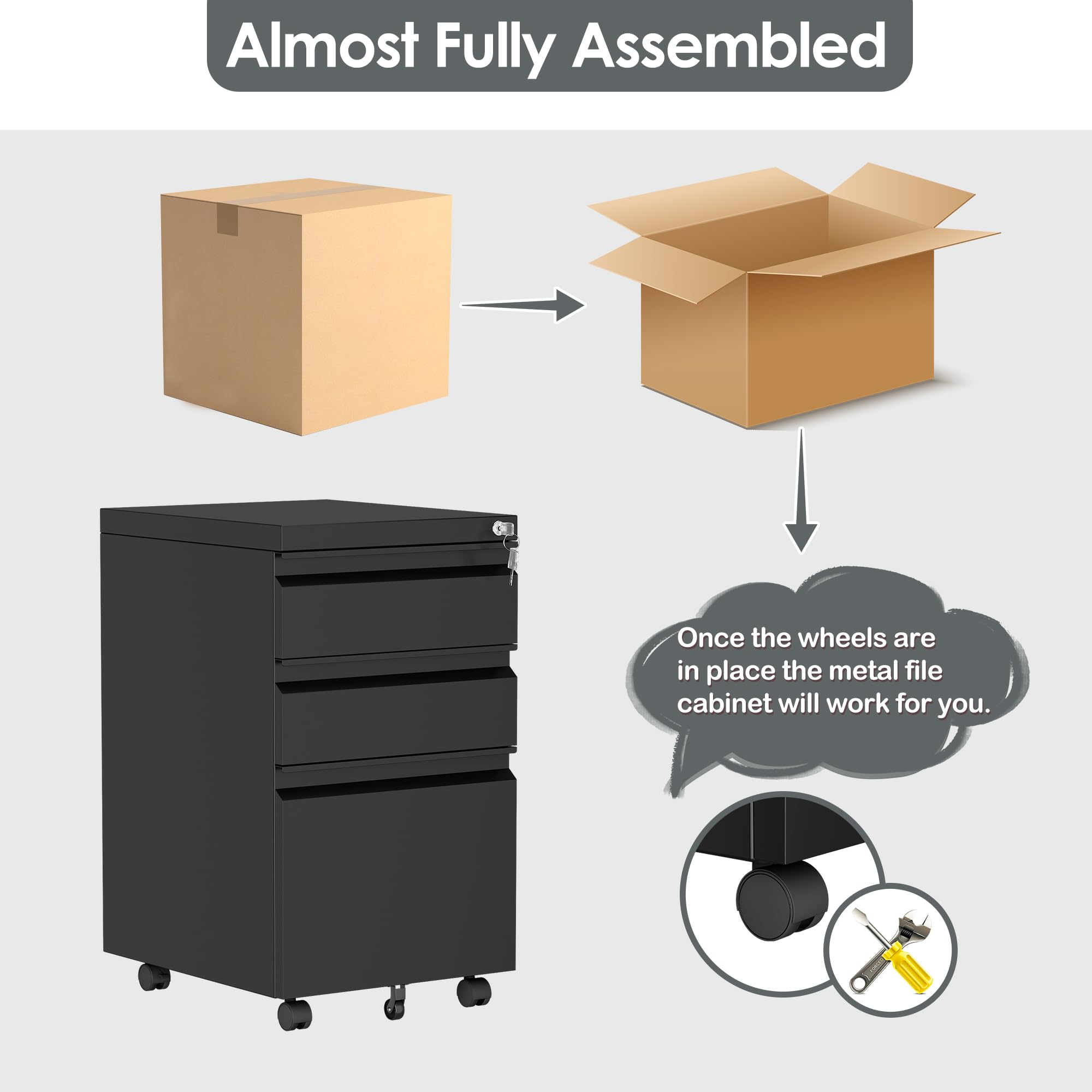 3-Drawer Mobile File Cabinet with Lock - Under Desk Metal Filing Cabinet with Wheels for Legal & A4 Documents - Fully Assembled (Wheels Not Included) - Black - Perfect for Home Office, Classroom, and Small Business Organization