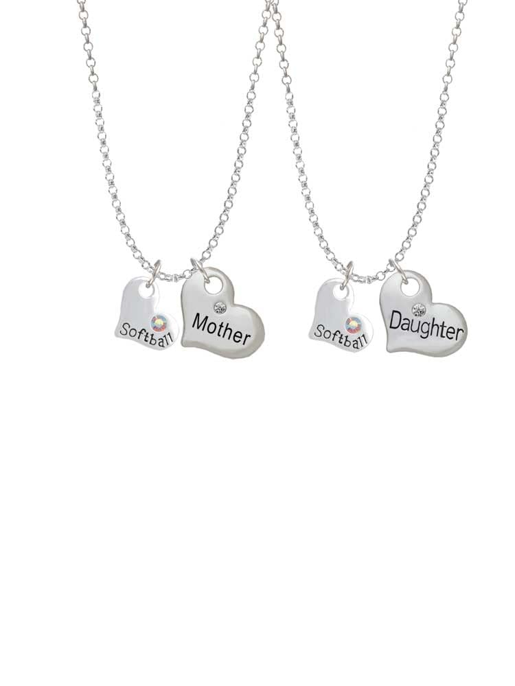 Softball & AB Crystal Mother Daughter Heart Necklace Set (2 Pcs, 19
