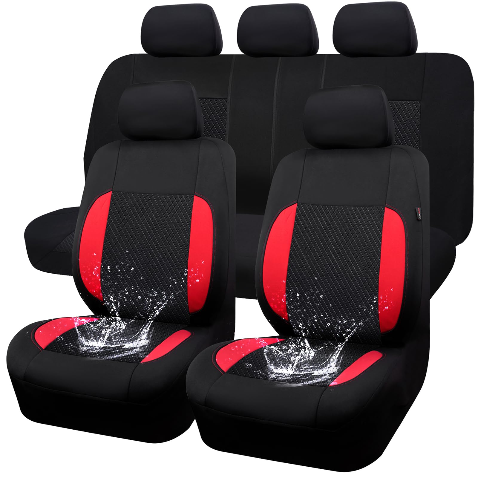 CAR-GRAND 3D Embossed Waterproof Car Seat Covers - Universal Fit for SUV, Sedan, Truck - EVA Neoprene Full Set with Airbag Compatibility - Black and Red Design - Perfect for Road Trips, Daily Commute & Outdoor Adventures