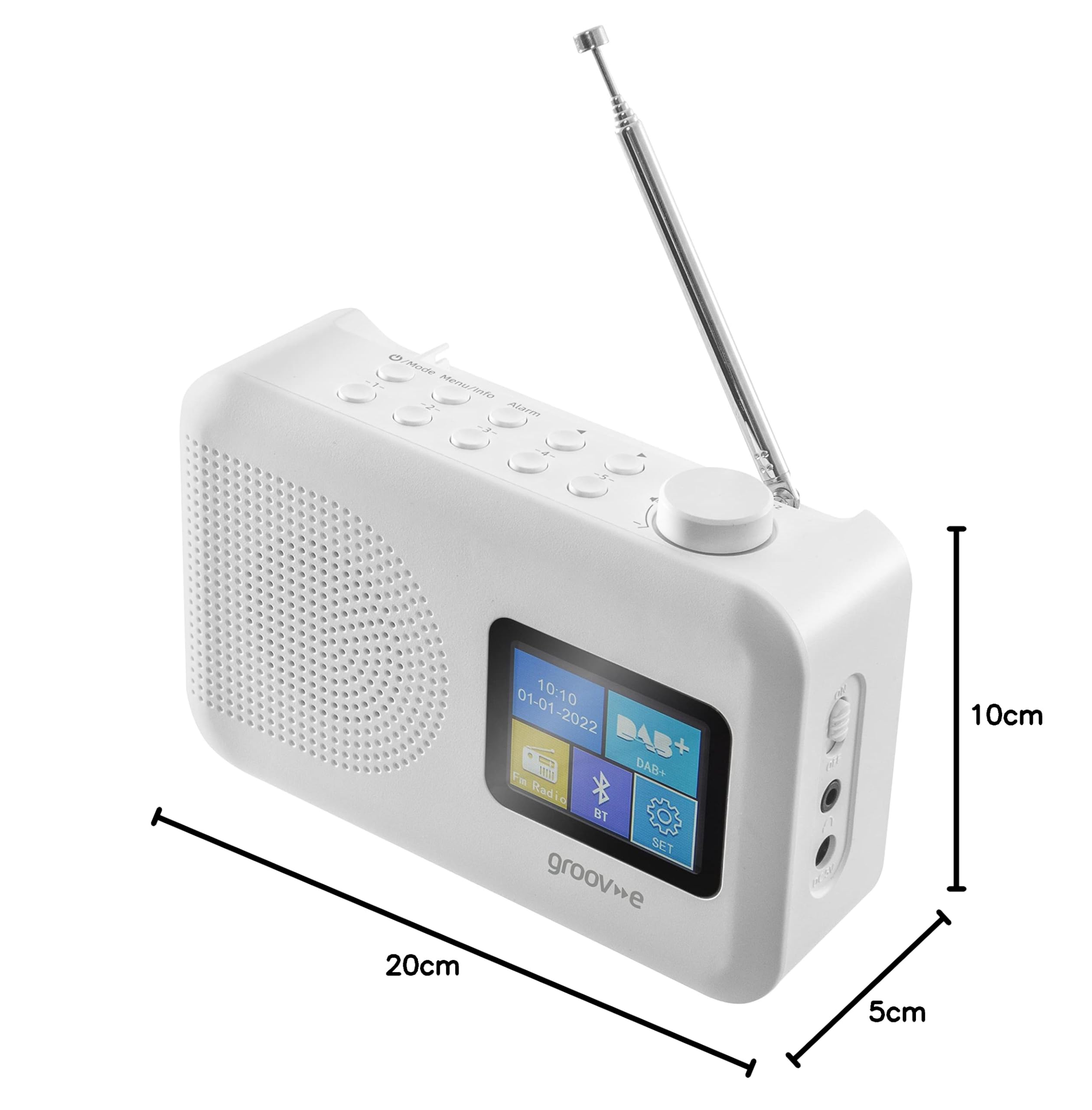 Groove Berlin DAB & FM Digital Radio with Color LCD Screen - Built-in Alarm Clock, Bluetooth, 60 Preset Stations - Portable Battery/Mains Operated - White - Perfect for Home, Office, Travel & Outdoor Use