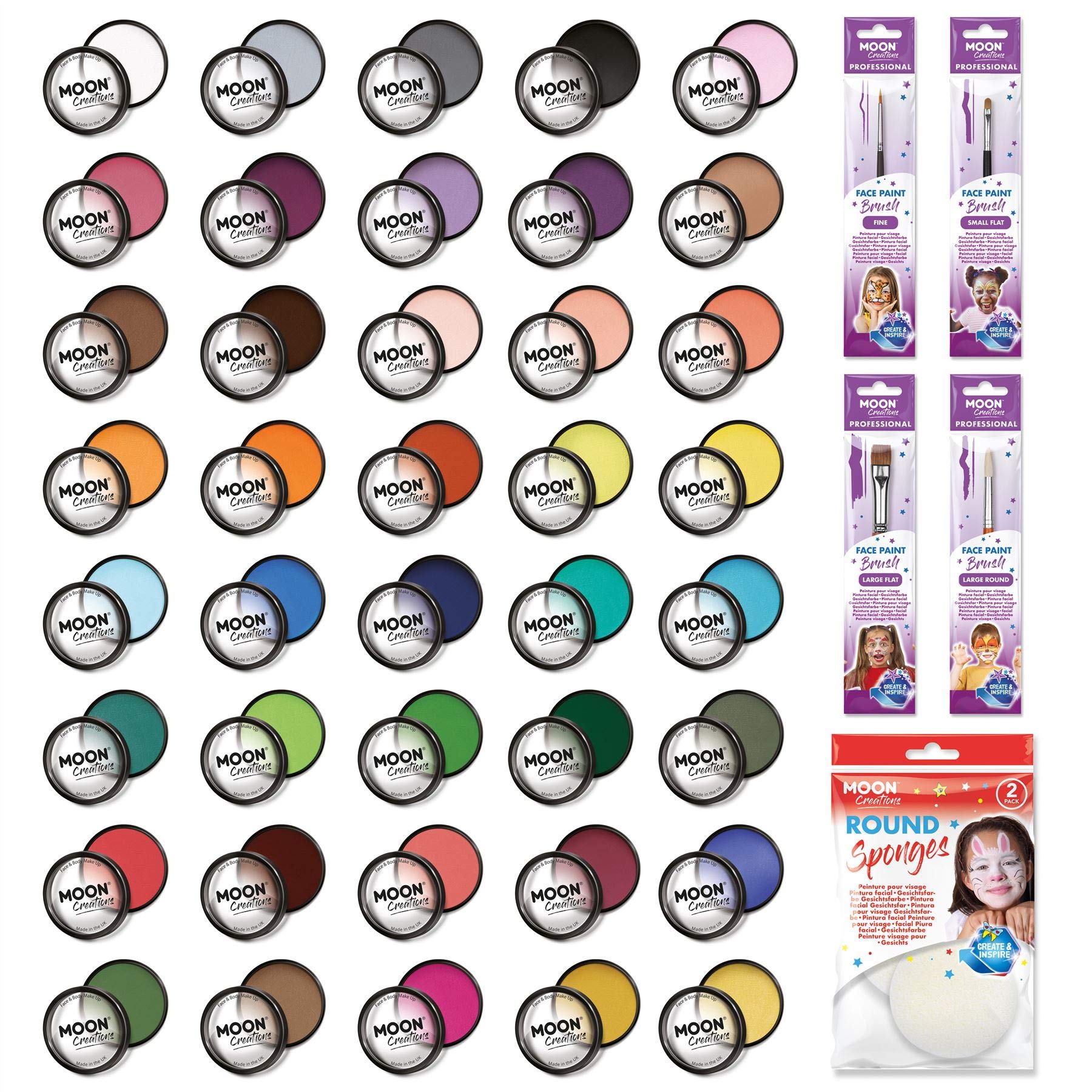 Professional Water-Based Face & Body Paint Cake Pots by Moon Creations - 40 Color Makeup Kit for Adults & Kids - 1.26oz - Perfect for Halloween, Cosplay, Theater, and Face Painting Parties
