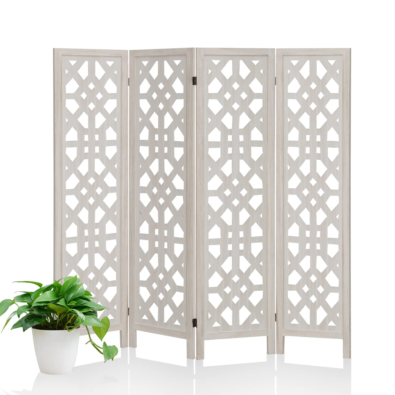 4 Panel Wood Room Divider 6Ft - Folding Privacy Screen for Home, Office, Restaurant & Bedroom - Warm White Partition for Space Separation & Decoration