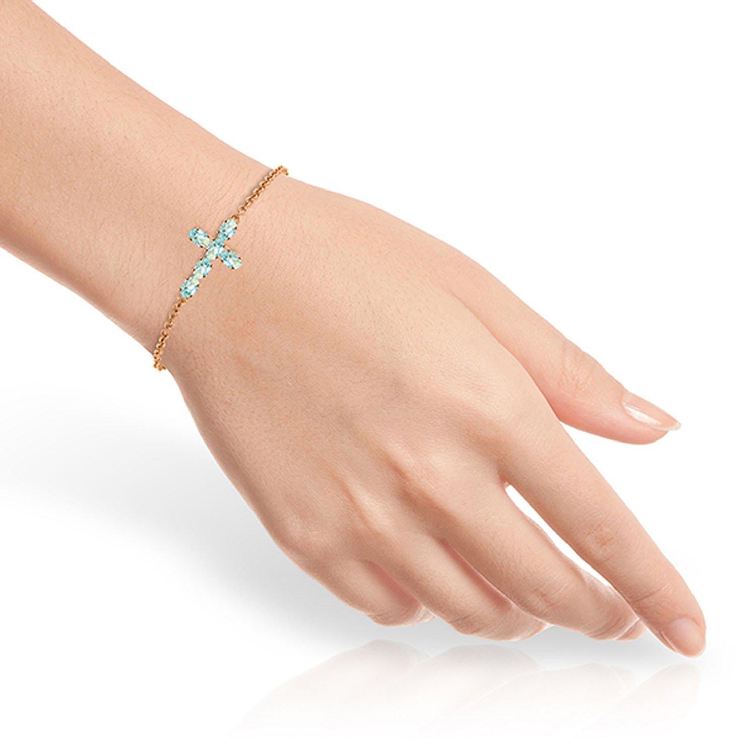 14K Rose Gold GG Aquamarine Cross Bracelet - Elegant Religious Jewelry for Women - Perfect for Gifts, Church, Weddings & Everyday Wear