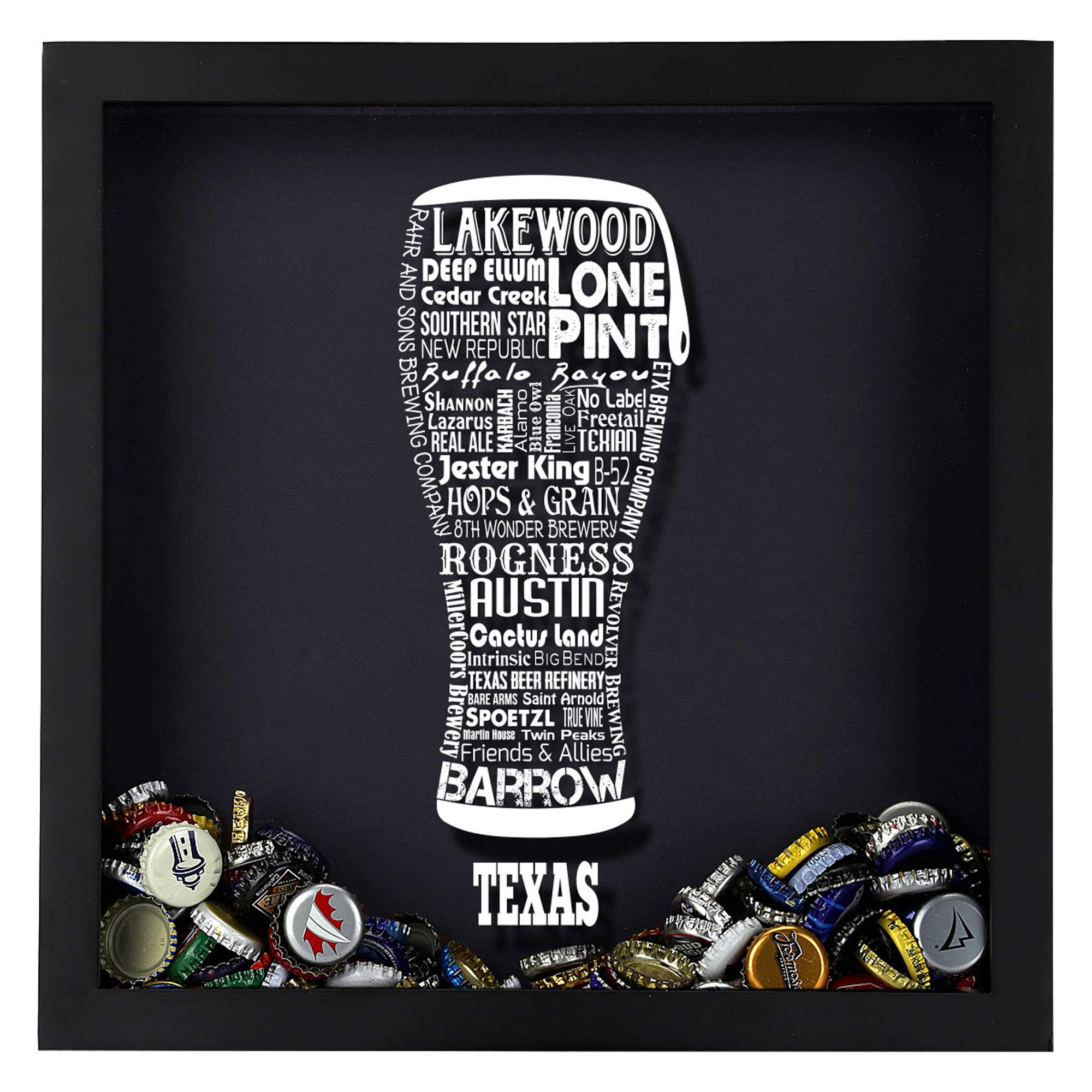 Torched Beer Typography Beer Cap Shadow Box - Wall Mount Display Case Frame for Beer Lovers & Collectors - Unique Home Bar Decor Gift for Men - Perfect for Texas-Themed Man Cave or Brewery Wall Art