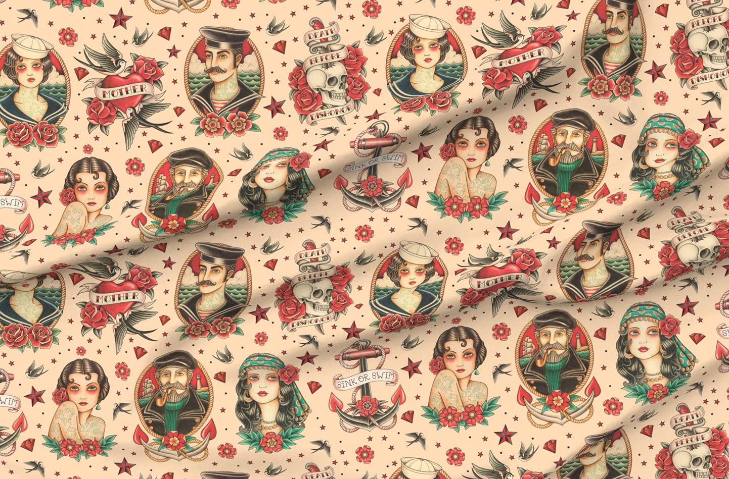 Old School Vintage Tattoo Print Minky Fabric by The Yard - Classic Skulls & Anchor Sailor Design in Beige - Perfect for Sewing Baby Blankets, Quilt Backing & Plush Toys - Soft & Durable Material for DIY Crafts & Home Decor Projects