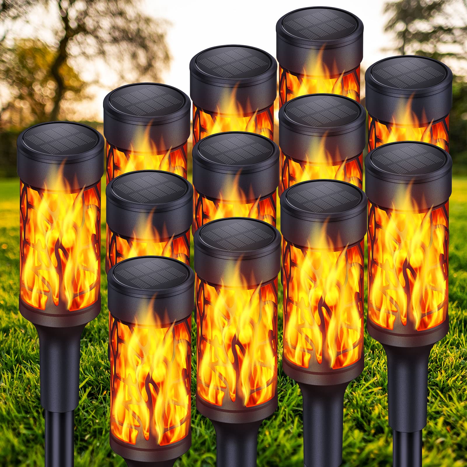 BONLION 12 Pack Solar Outdoor Lights - Super Bright Solar Torch Lights with Realistic Flickering Flame Effect | Waterproof Garden Pathway & Patio Lighting for Halloween Decor, Yard, Lawn & Outdoor Parties | Perfect for Backyard, Walkway & Holiday Events