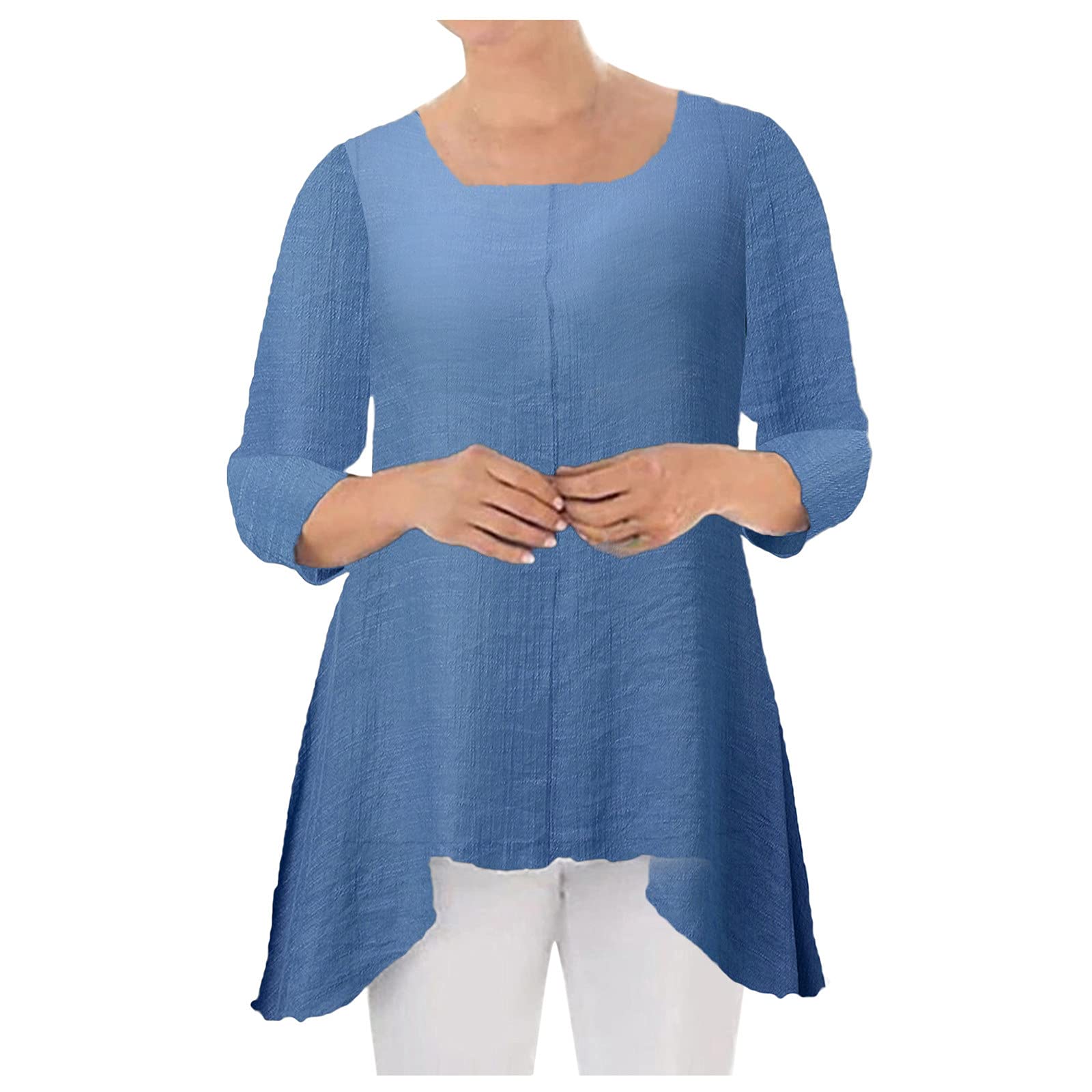 MUTHEONE Women's Casual Cotton Linen Shirt - 3/4 Sleeve Crew Neck Loose Fit Tunic Top Blouse for Summer, Travel & Everyday Wear
