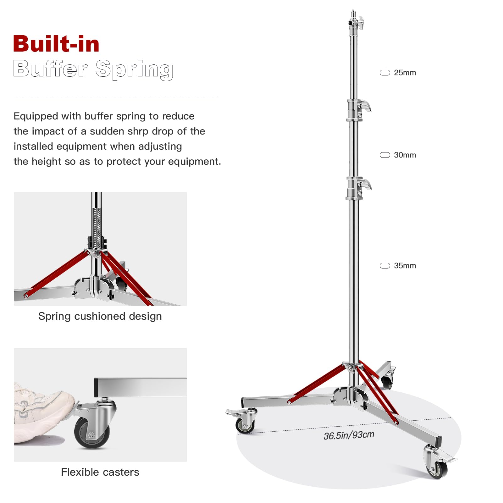 Professional Heavy Duty Light Stand with Wheels - 100% Stainless Steel Adjustable 130cm(4.3ft) to 305cm(10ft) Photography Stand Supports 30kg/66lb - Perfect for Studio Softbox, Monolight, Video Lighting (Silver) - Ideal for Photography Studios, Video Production, and Live Streaming Setups