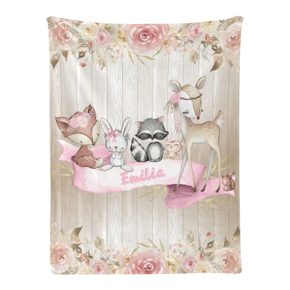Custom Personalized Baby Blanket with Name - Deer Fox Raccoon Design 30x40 Inch Soft Swaddling Blanket for Newborn Boys & Girls | Perfect for Baby Shower, Nursery, Birthday Gifts & Photo Props