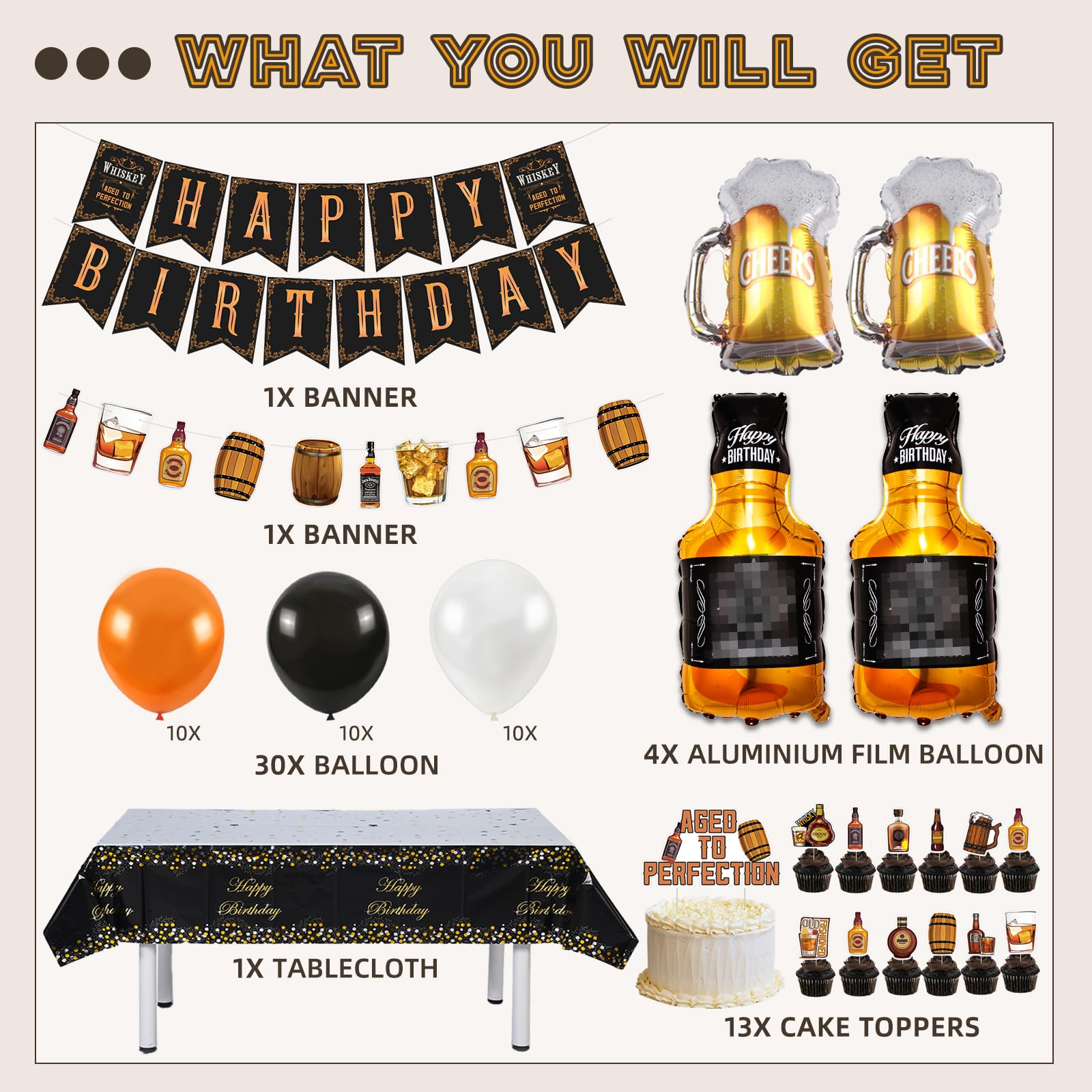 Whiskey Birthday Party Decorations for Men - Aged to Perfection Party Supplies Set with Banner, Garland, Tablecloth, Cake Toppers & Foil Balloons - Perfect for Dad's Whiskey Themed Celebration, 50th Birthday Party or Bourbon Lover's Event