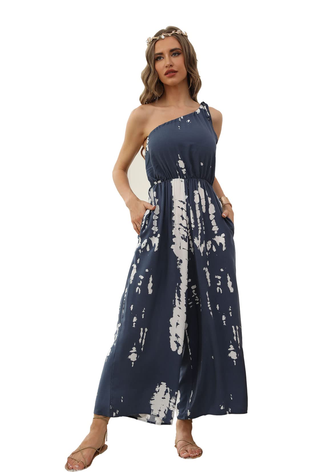 BALAMY Women's One Shoulder Sleeveless Jumpsuit - Adjustable Strap Wide Leg Boho Romper for Beach, Party & Summer Outfits