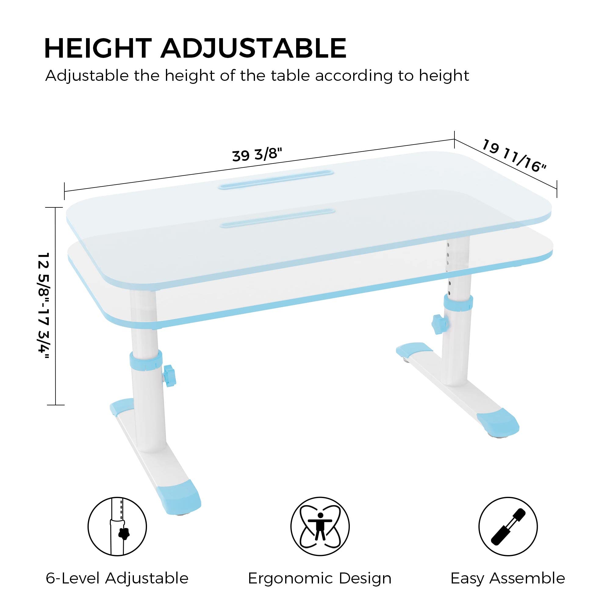 DESIGNA 39 Inch Adjustable Kids Table - 6 Height Levels, Multifunctional Children's Study Desk for Learning, Drawing, Eating & Playtime - Ergonomic Toddler Activity Table for Home & Classroom (Blue)