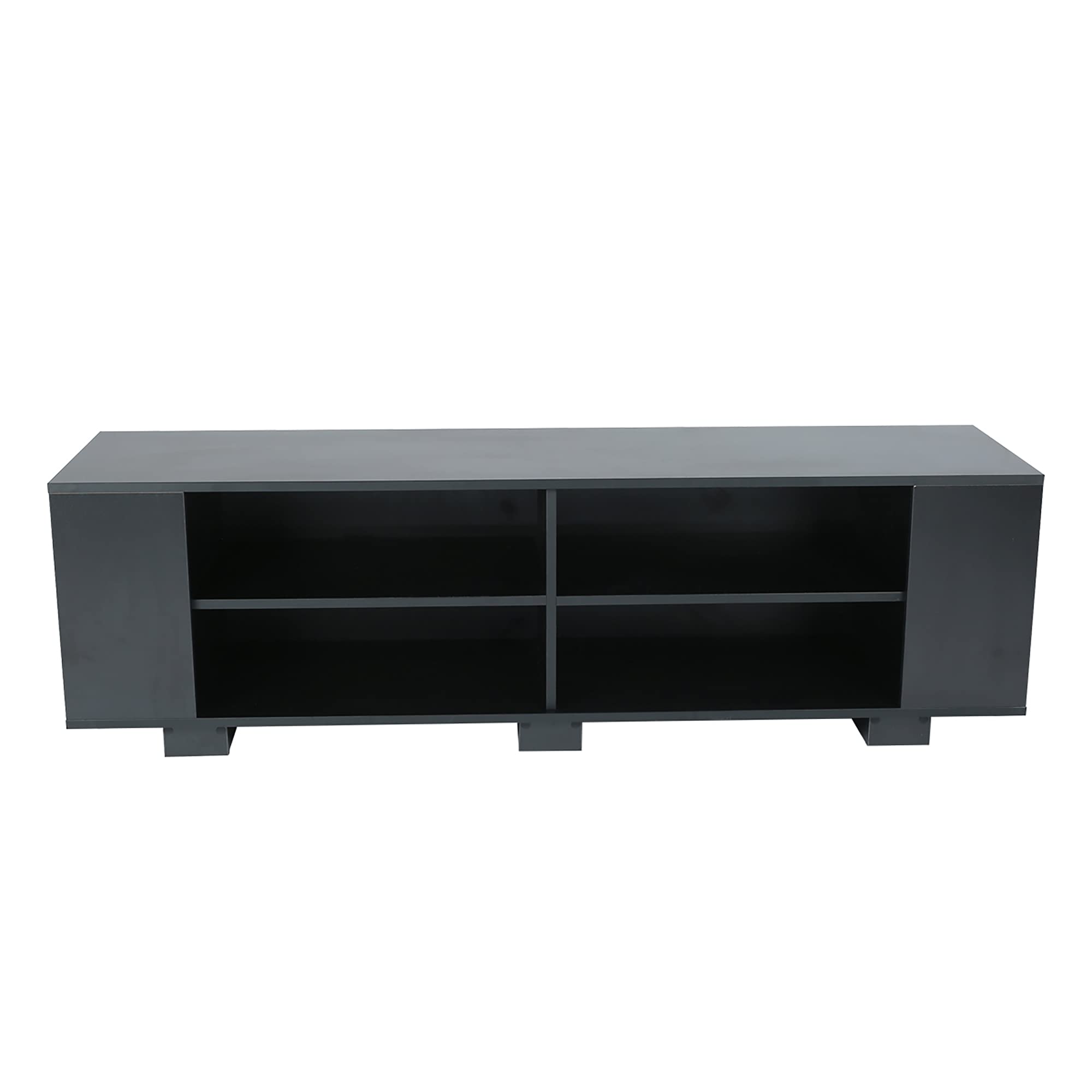 65-Inch TV Stand with 8 Open Shelves, Mid-Century Modern Entertainment Center - Universal TV Storage Cabinet for Living Room & Bedroom, Black | Perfect for Home Theater Setup & Media Organization