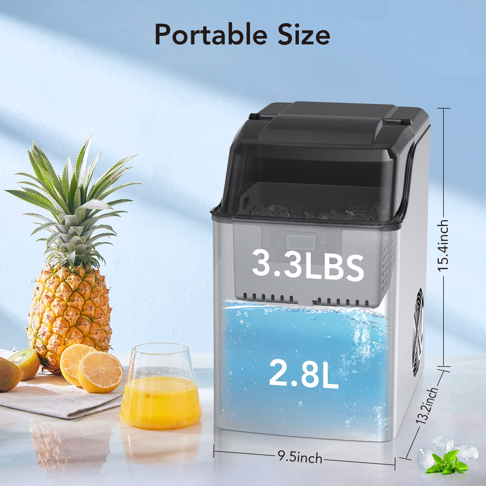 Portable Countertop Nugget Ice Maker - 44 Lbs/Day Crunchy Pebble Ice Machine with 24H Timer & Self-Cleaning, Stainless Steel Tabletop Ice Maker for Home, Office, Bar, RV, and Outdoor Parties - Perfect for Cocktails, Sodas, and Beverage Dispensers