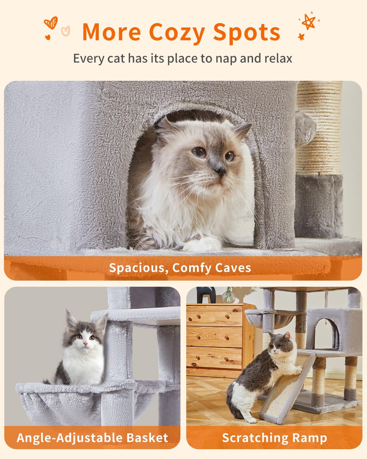 Taoqimiao 56.3-Inch Cat Tree with Scratching Posts - Multi-Level Cat Tower for Indoor Cats Featuring Hammocks, Toys, Condo & Large Scratch Board in Light Gray (MS012W) - Perfect for Small Spaces, Apartments & Playful Kittens
