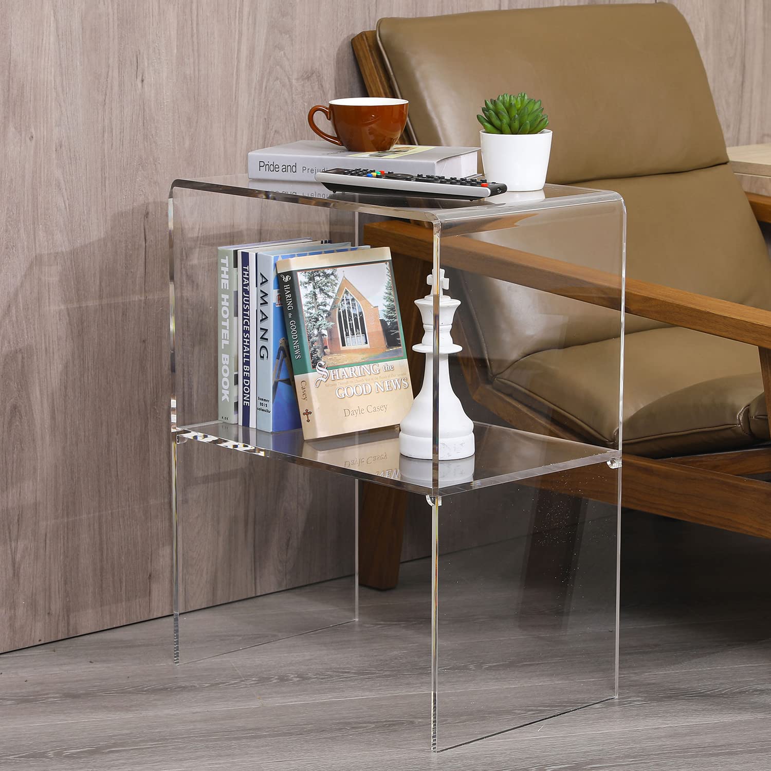 24 Inch Clear Acrylic End Table with 2-Tier Shelf - Modern Living Room Side Table & Bedroom Nightstand - Stylish Home Decor for Small Spaces, Dorm Rooms & Apartment Living