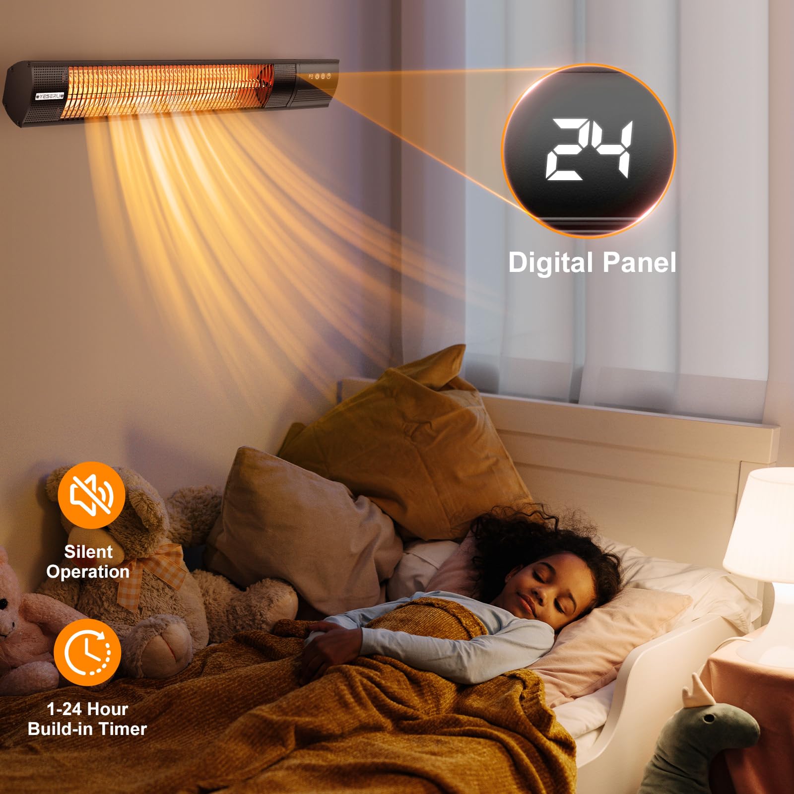 YESERLl 1500W Electric Patio Heater with Remote Control - 3 Power Settings, Wall Mounted Carbon Infrared Outdoor Heater, Fast Heating, Quiet Operation, IP55 Waterproof & 24H Timer - Perfect for Patio, Deck, Garden, and Snowy Outdoor Gatherings