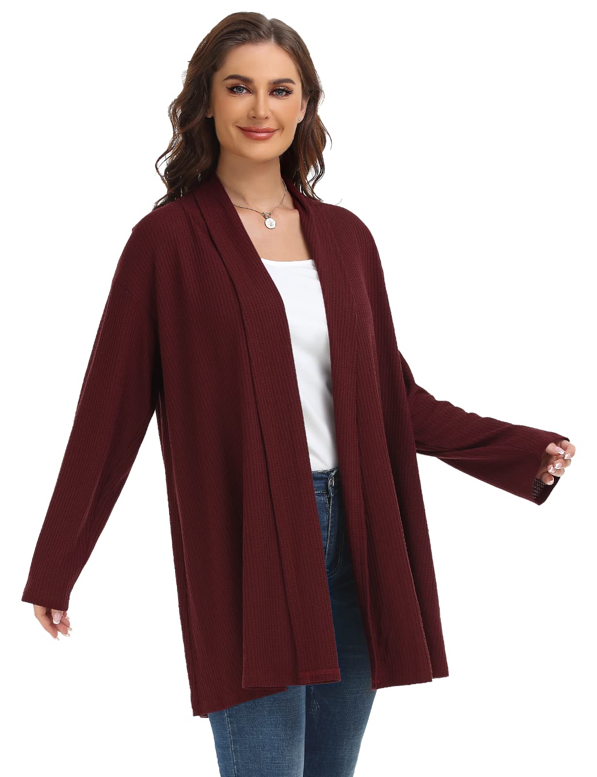 MONNURO Plus Size Women's Open Front Lightweight Waffle Knit Cardigan - Long Sleeve Casual Sweater for Fall & Winter | Perfect for Office, Travel & Everyday Wear