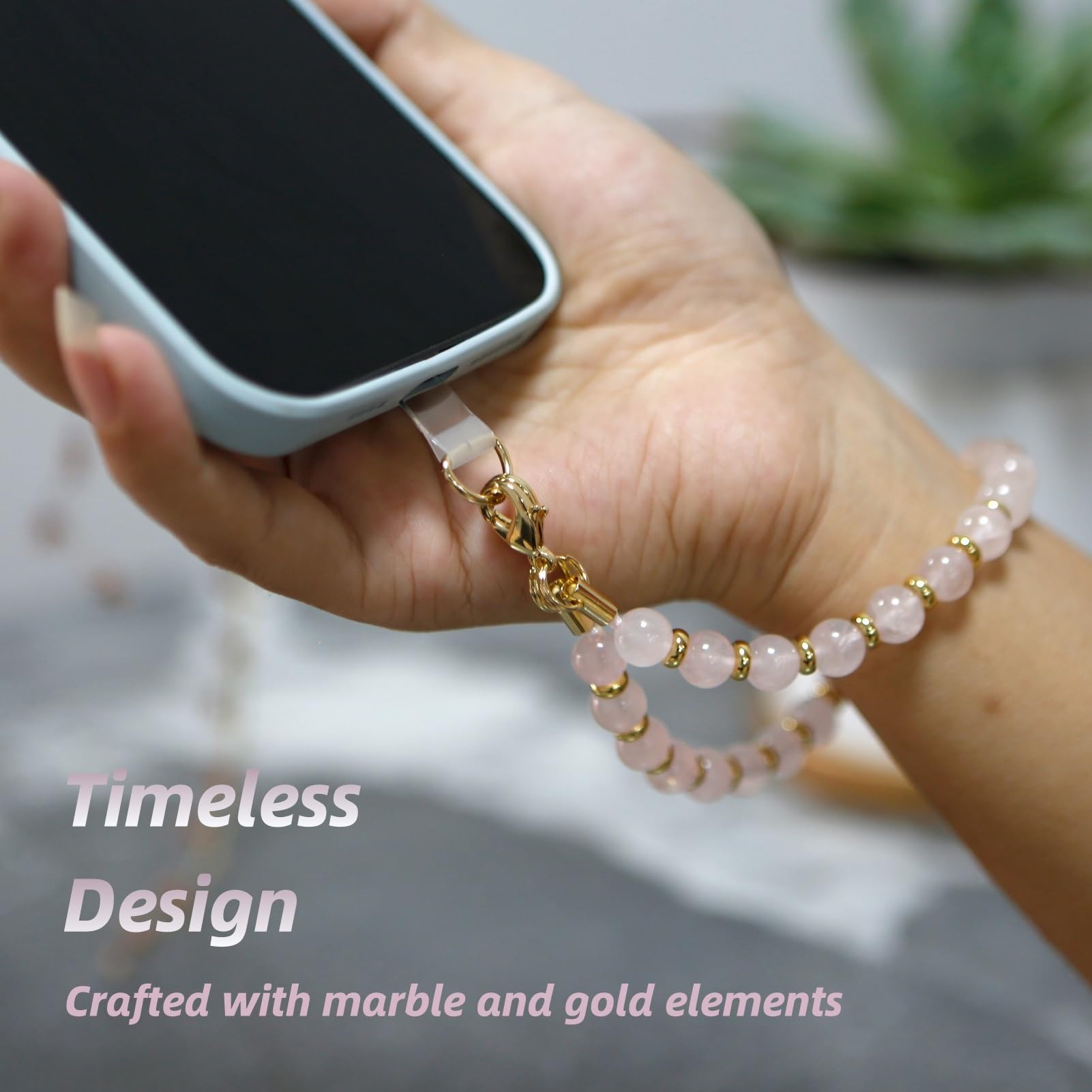 Rose Quartz Marble Beaded Phone Wrist Strap - Detachable Phone Bracelet with Tether Tab for Hands-Free Use | Perfect for iPhone, Samsung & Smartphone Accessories | Gym, Shopping & Travel Essentials