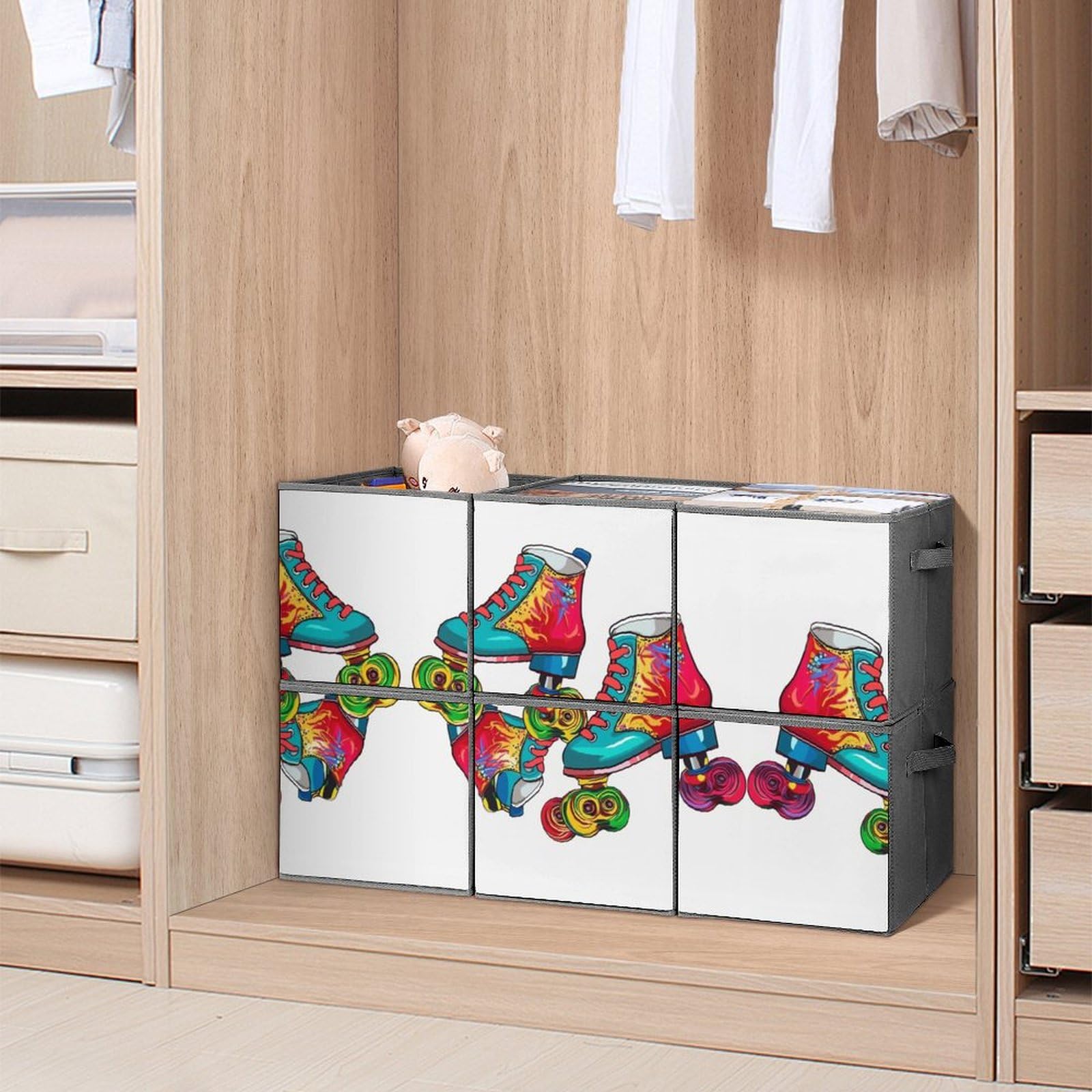 6-Pack Colorful Roller Skates Collapsible Storage Bins with Handles - Large Closet Organizer, Clothing Storage Boxes for Home, Office & Kids Room Organization