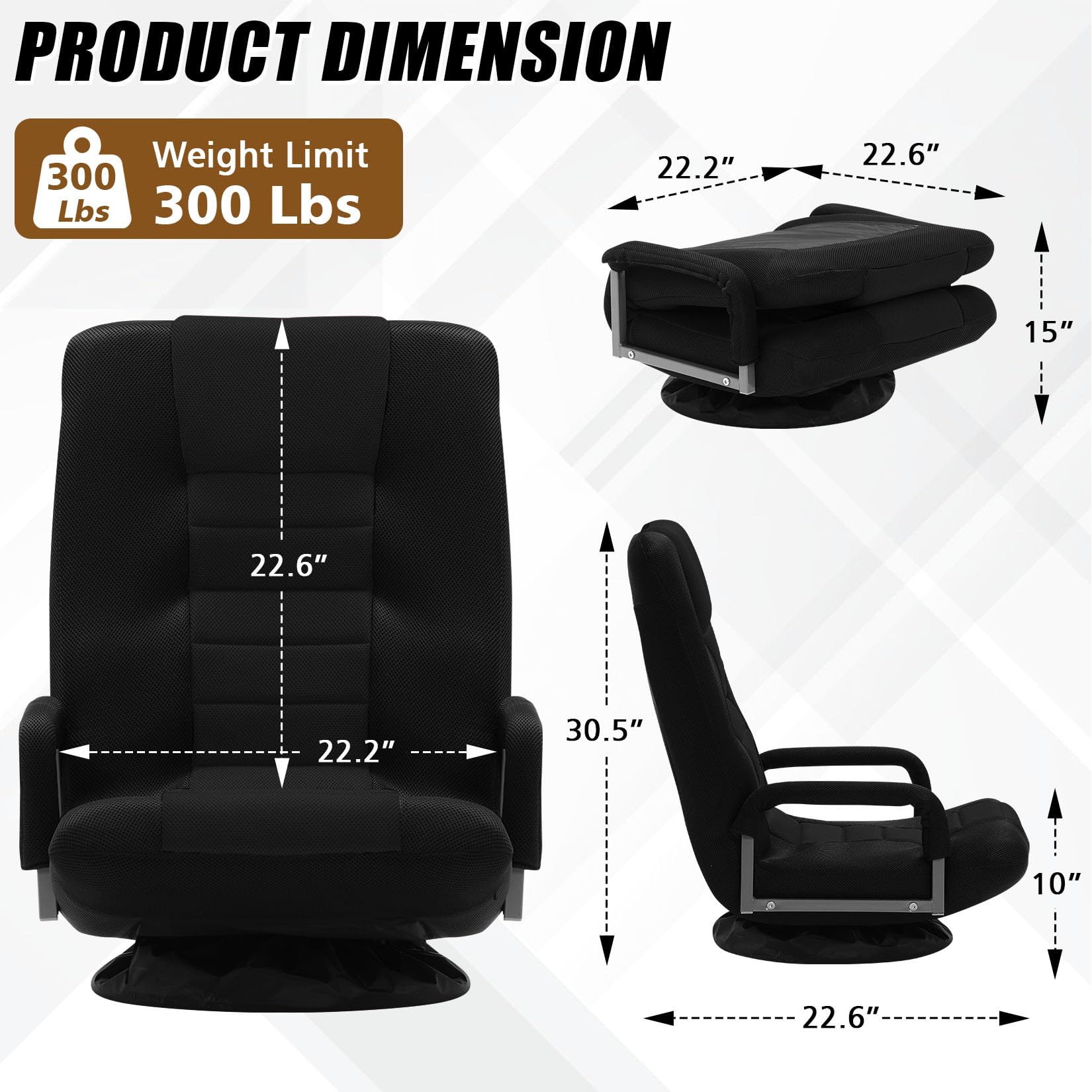 Ergonomic Swivel Gaming Chair with Lumbar Support & 6-Position Adjustable Backrest - Multi-Purpose Floor Chair for Video Games, TV Watching, Reading - Comfortable Seat for Adults & Kids (Black) - Perfect for Gaming Rooms, Home Theaters & Study Areas